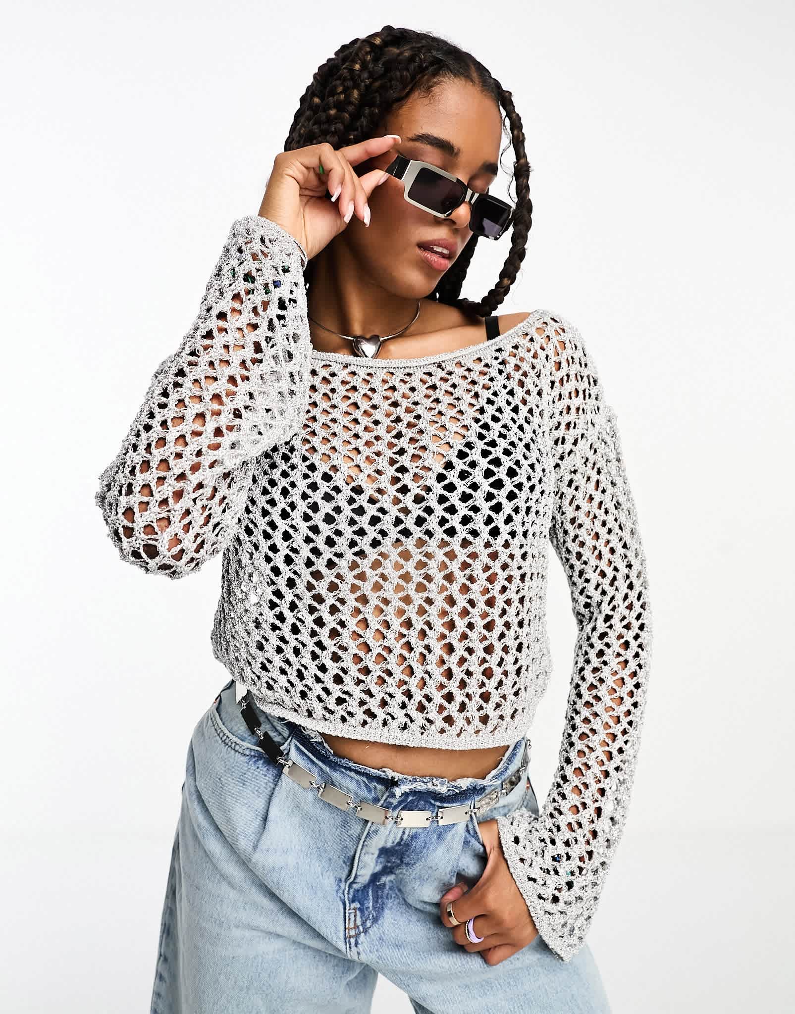 ASOS DESIGN metallic open knit slash knit top with angel sleeves in silver - ASOS Sample Sale EU Store