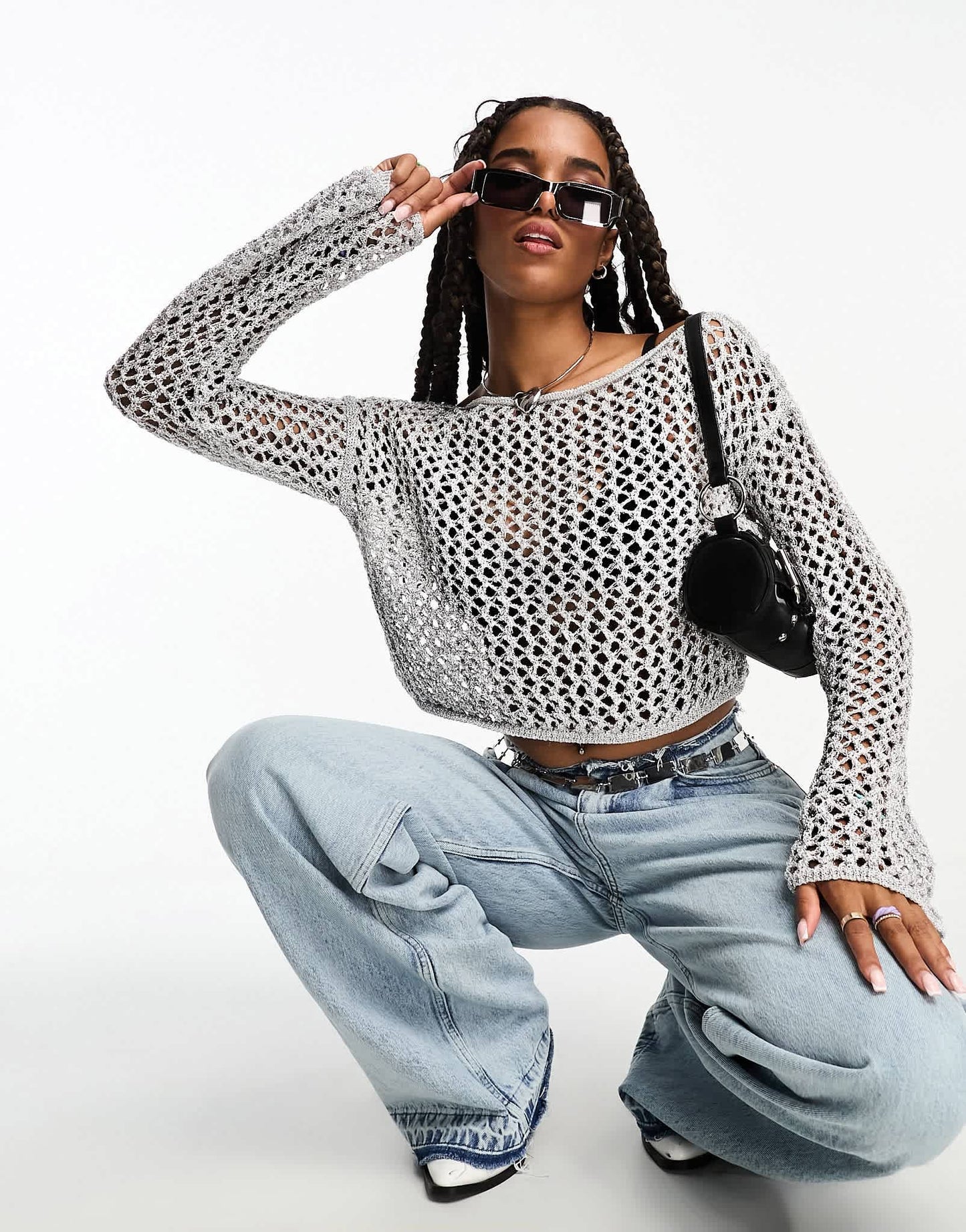 ASOS DESIGN metallic open knit slash knit top with angel sleeves in silver - ASOS Sample Sale EU Store