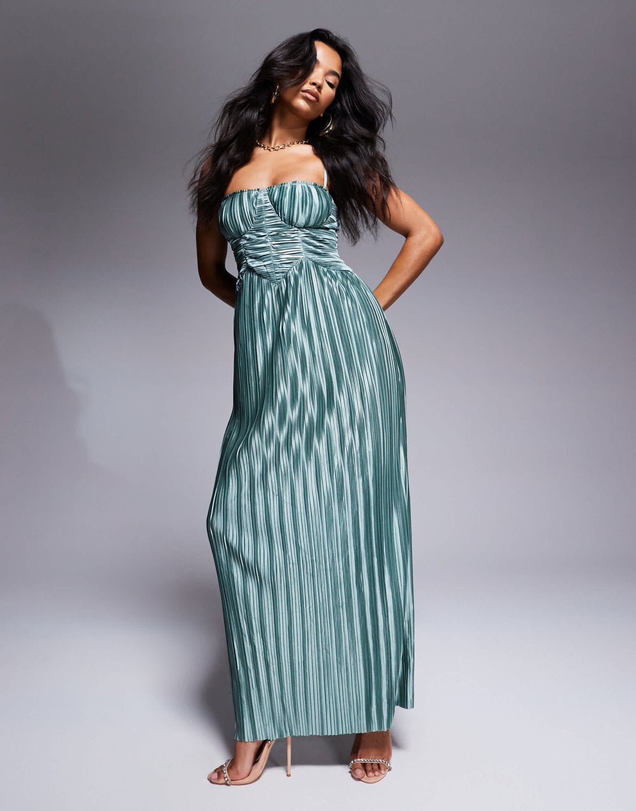 ASOS DESIGN metallic plisse cupped ruched detail maxi dress in green - ASOS Sample Sale EU Store