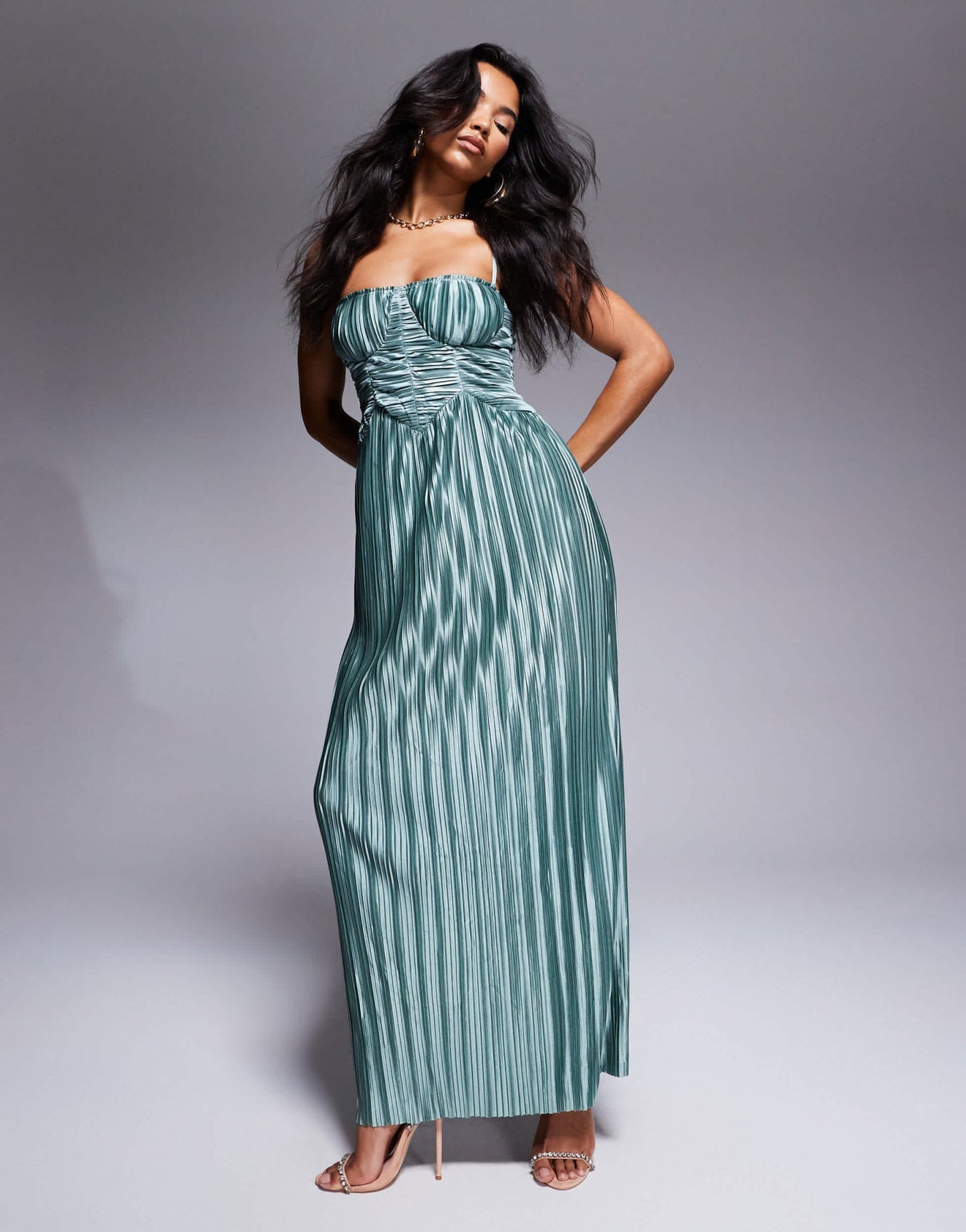 ASOS DESIGN metallic plisse cupped ruched detail maxi dress in green - ASOS Sample Sale EU Store