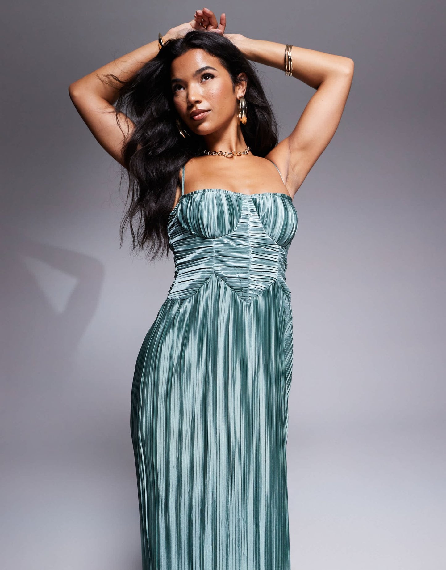 ASOS DESIGN metallic plisse cupped ruched detail maxi dress in green - ASOS Sample Sale EU Store