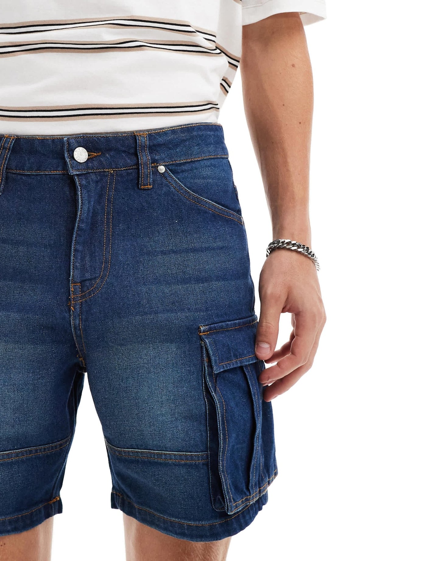ASOS DESIGN mid length slim denim shorts with cargo detailing in light wash blue - ASOS Sample Sale EU Store