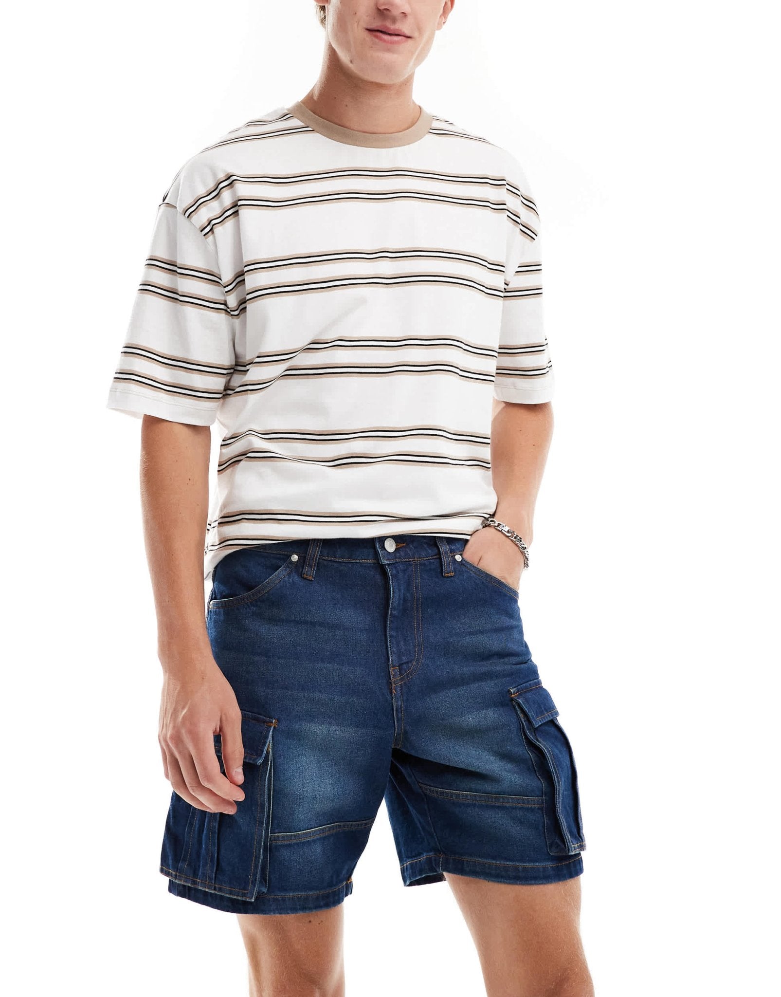 ASOS DESIGN mid length slim denim shorts with cargo detailing in light wash blue - ASOS Sample Sale EU Store