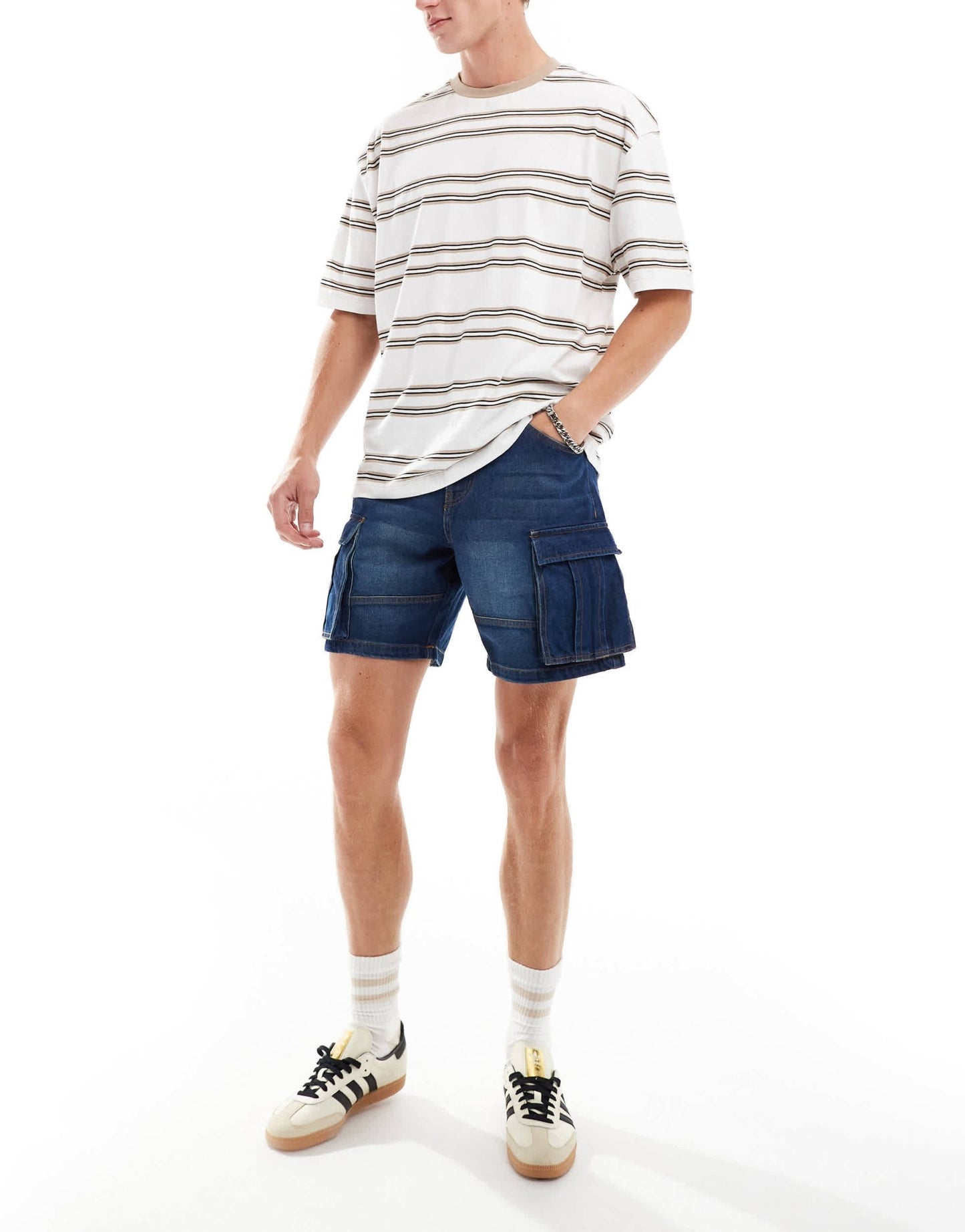 ASOS DESIGN mid length slim denim shorts with cargo detailing in light wash blue - ASOS Sample Sale EU Store