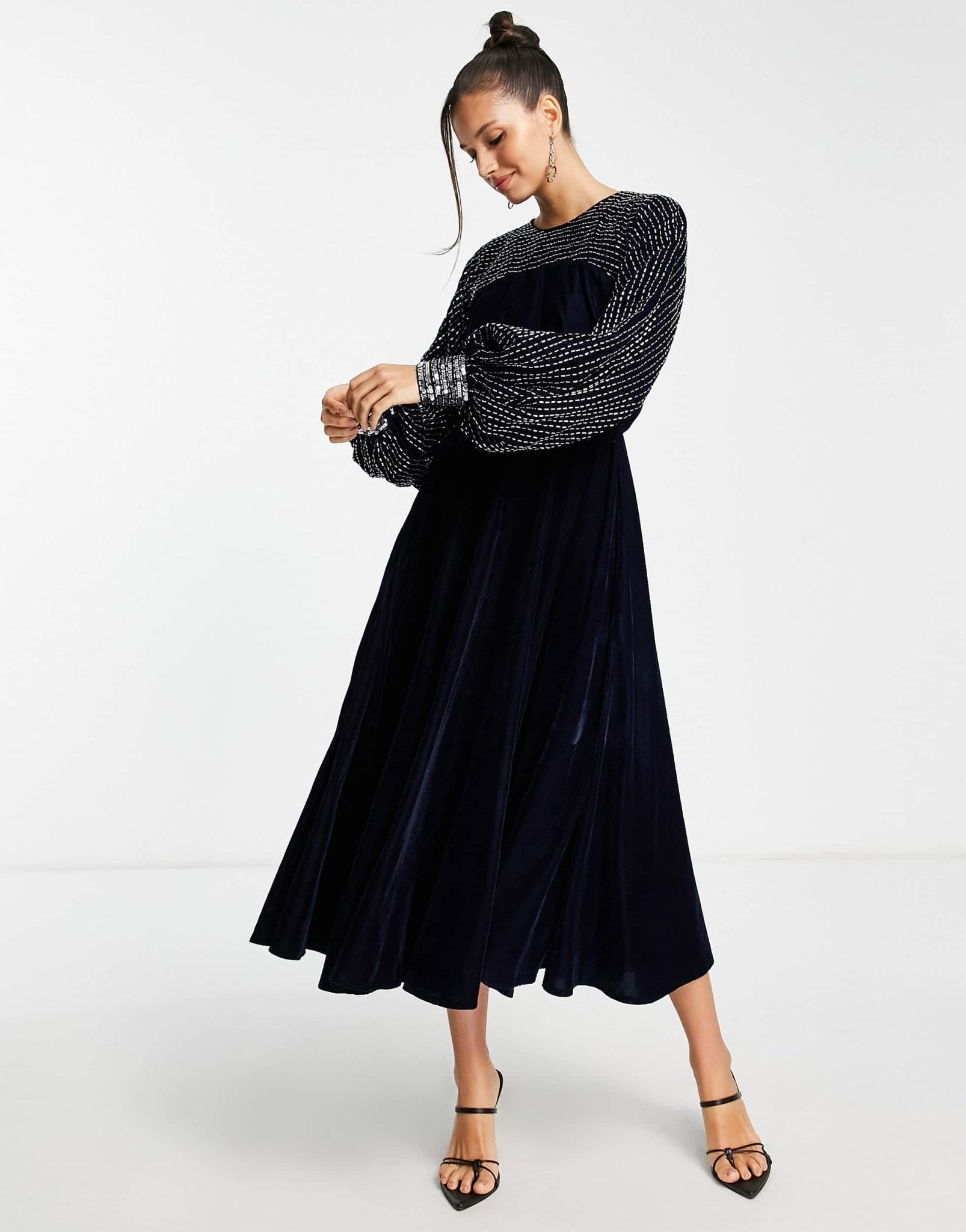 ASOS DESIGN midi dress with linear yoke embellishment in navy velvet - ASOS Sample Sale EU Store