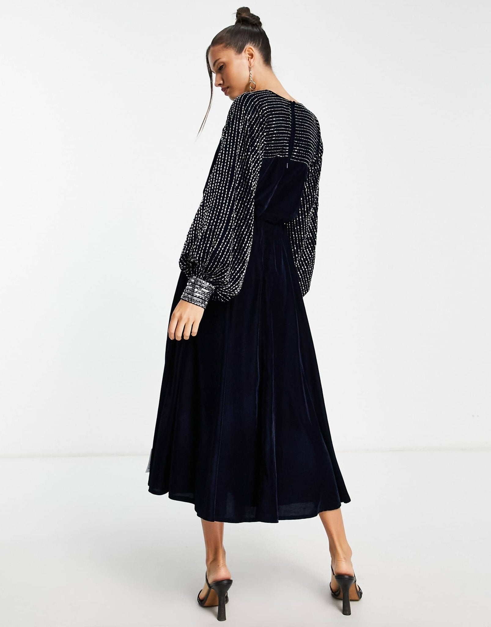 ASOS DESIGN midi dress with linear yoke embellishment in navy velvet - ASOS Sample Sale EU Store