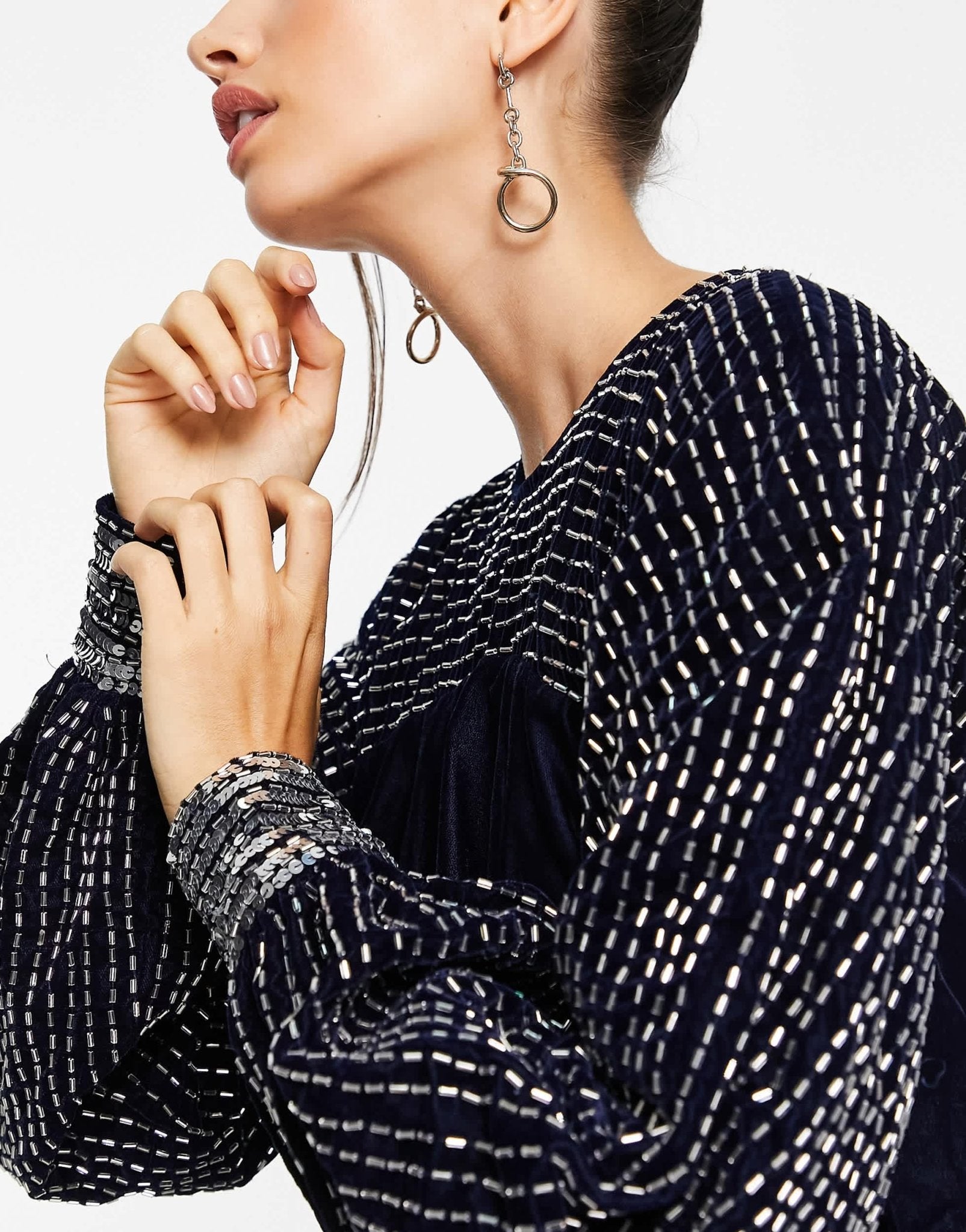 ASOS DESIGN midi dress with linear yoke embellishment in navy velvet - ASOS Sample Sale EU Store