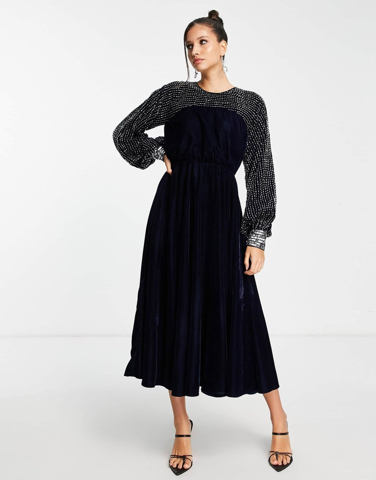 ASOS DESIGN midi dress with linear yoke embellishment in navy velvet - ASOS Sample Sale EU Store