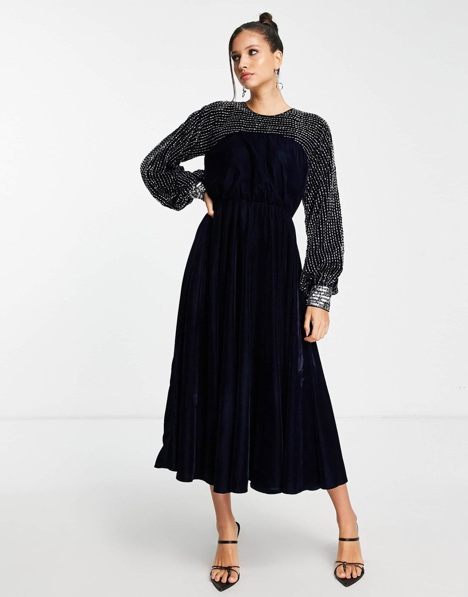 ASOS DESIGN midi dress with linear yoke embellishment in navy velvet - ASOS Sample Sale EU Store