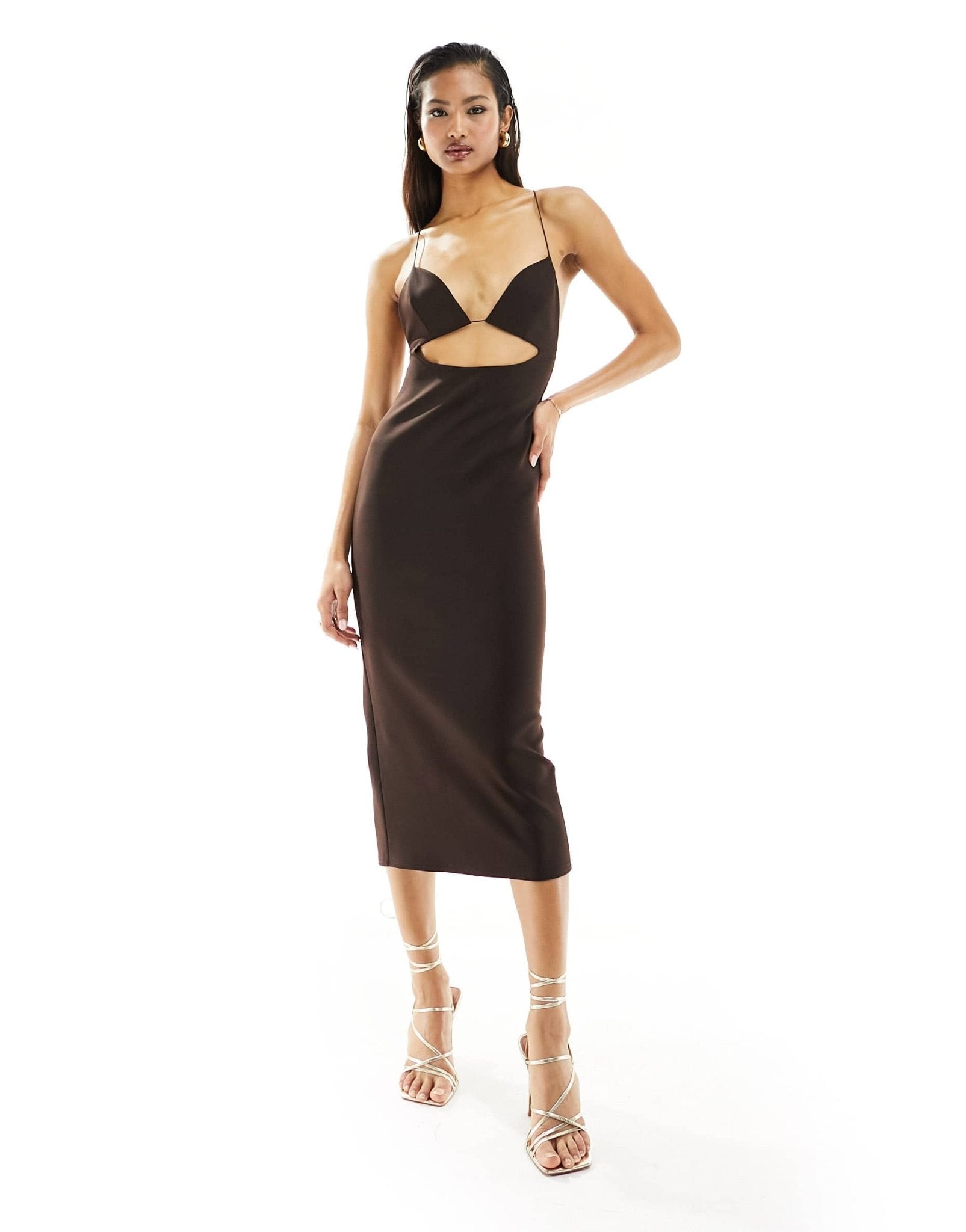 ASOS DESIGN midi dress with under bust cut out and strappy back in chocolate - ASOS Sample Sale EU Store