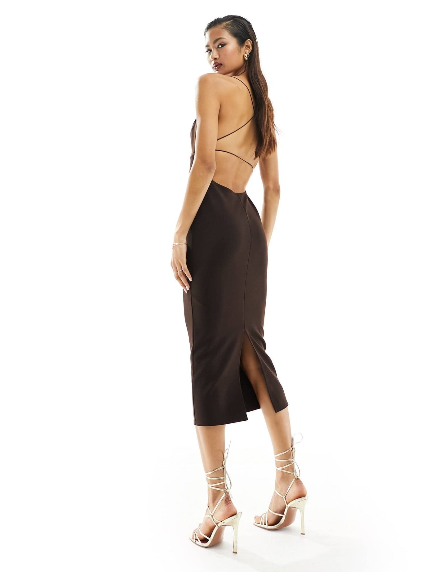 ASOS DESIGN midi dress with under bust cut out and strappy back in chocolate - ASOS Sample Sale EU Store