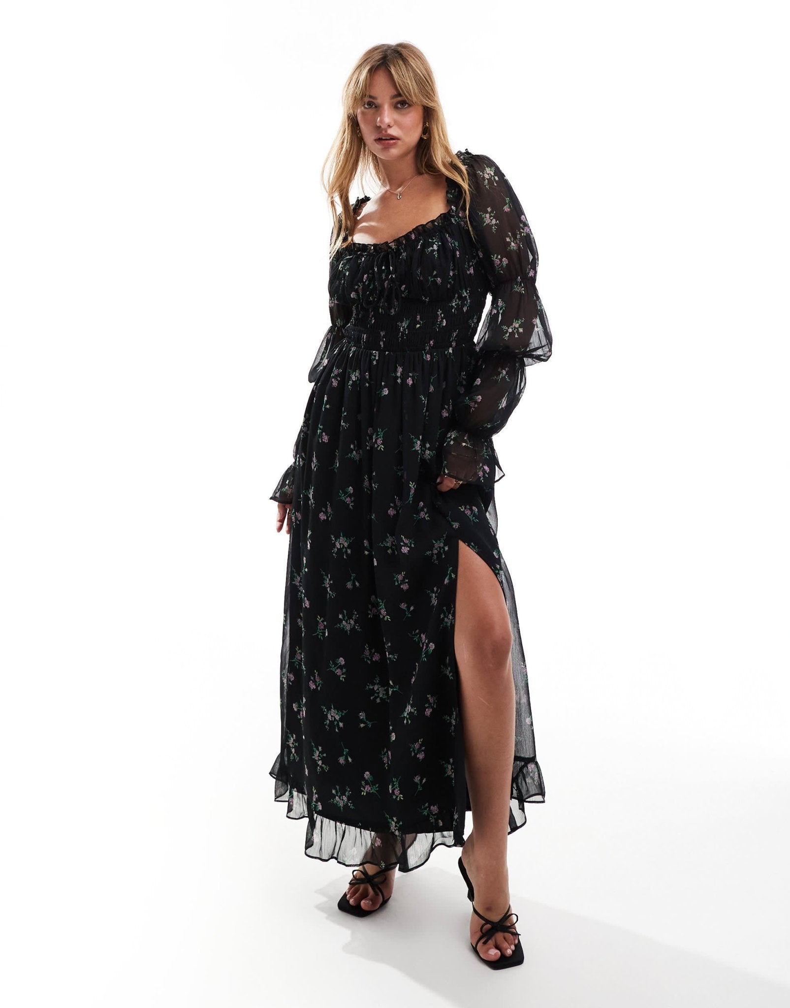 ASOS DESIGN milkmaid long sleeve sleeve shirred waist midi dress in floral print - ASOS Sample Sale EU Store