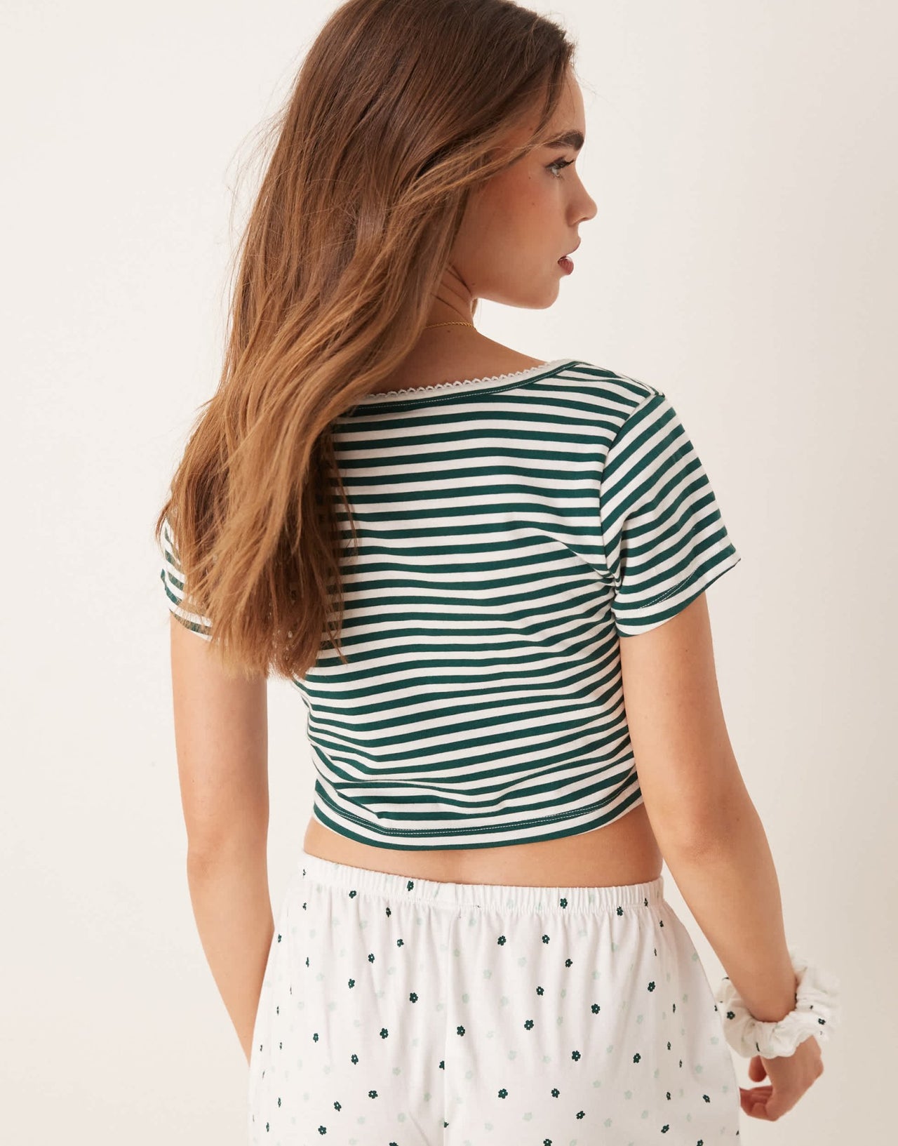 ASOS DESIGN mix & match fitted pyjama tee with picot trim in green stripe - ASOS Sample Sale EU Store