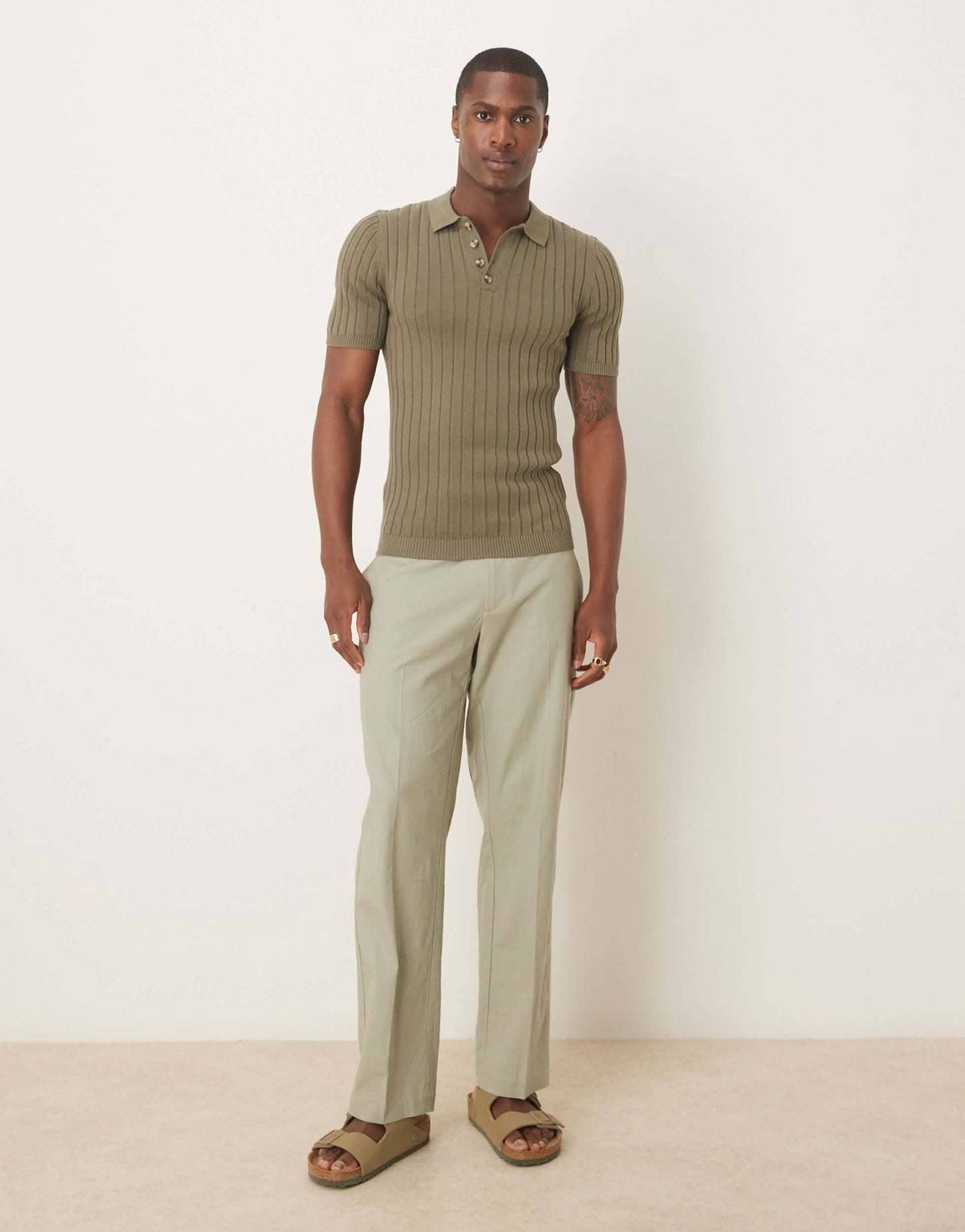 ASOS DESIGN muscle fit knitted rib polo t-shirt in khaki - ASOS Sample Sale EU Store