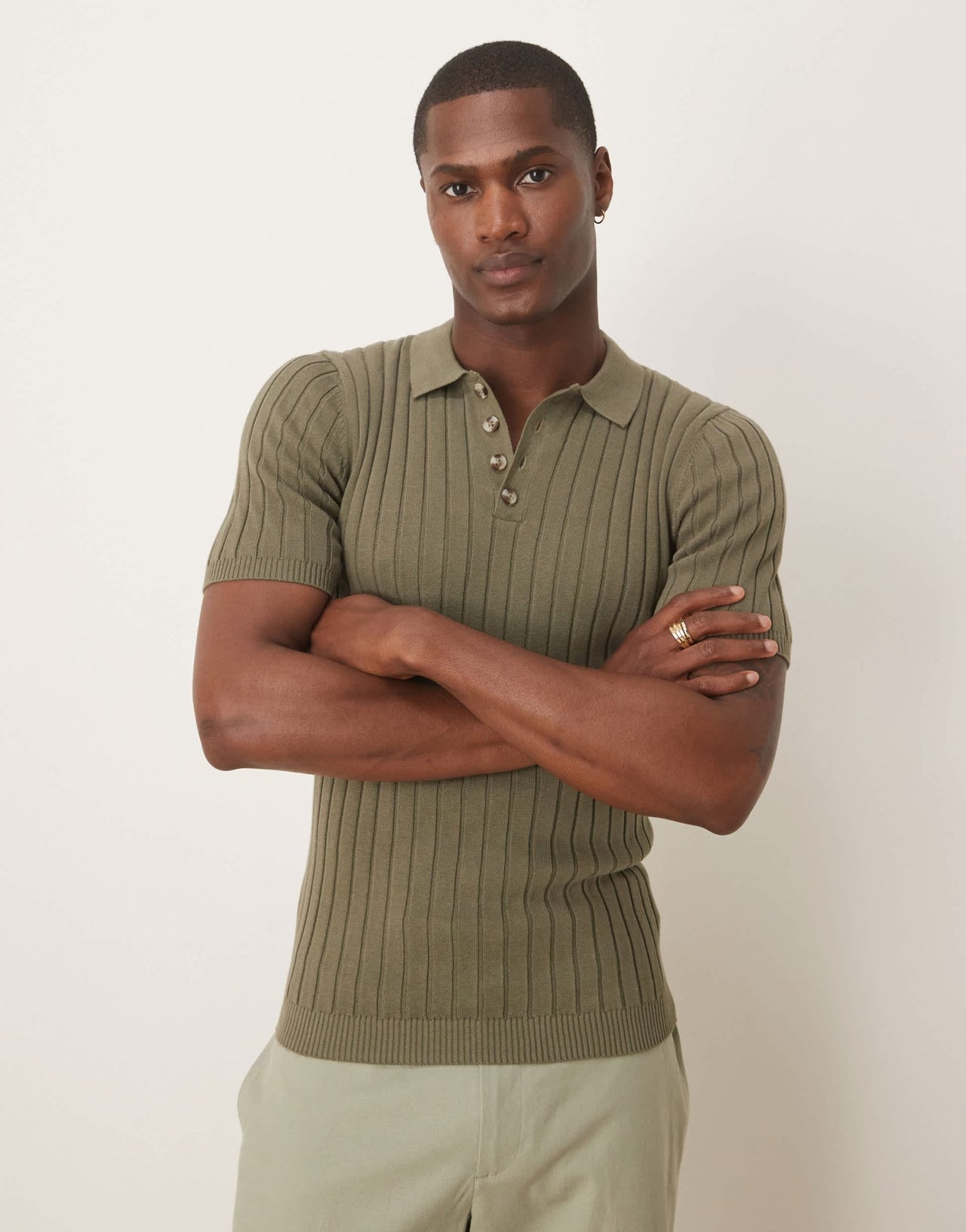 ASOS DESIGN muscle fit knitted rib polo t-shirt in khaki - ASOS Sample Sale EU Store