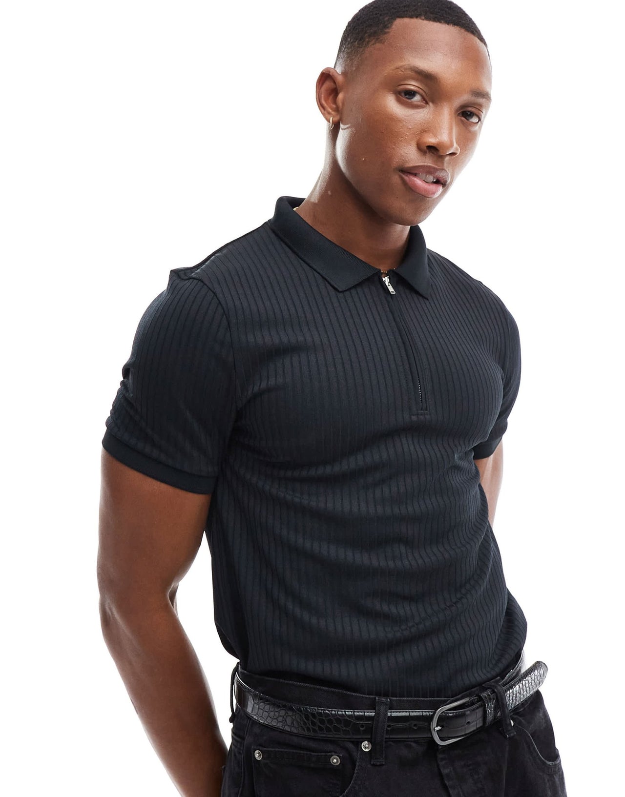 ASOS DESIGN muscle fit rib polo with zip in black - ASOS Sample Sale EU Store