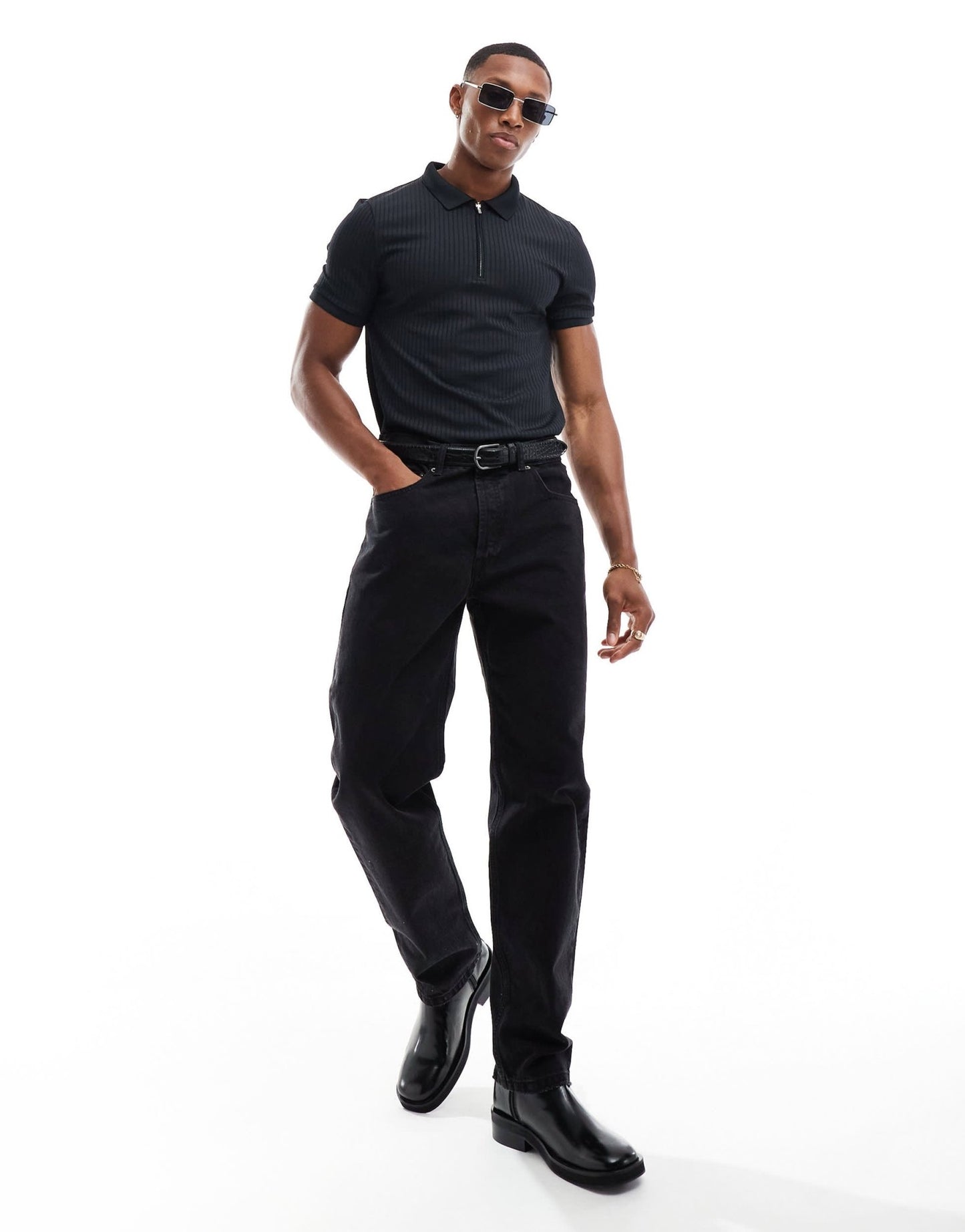 ASOS DESIGN muscle fit rib polo with zip in black - ASOS Sample Sale EU Store