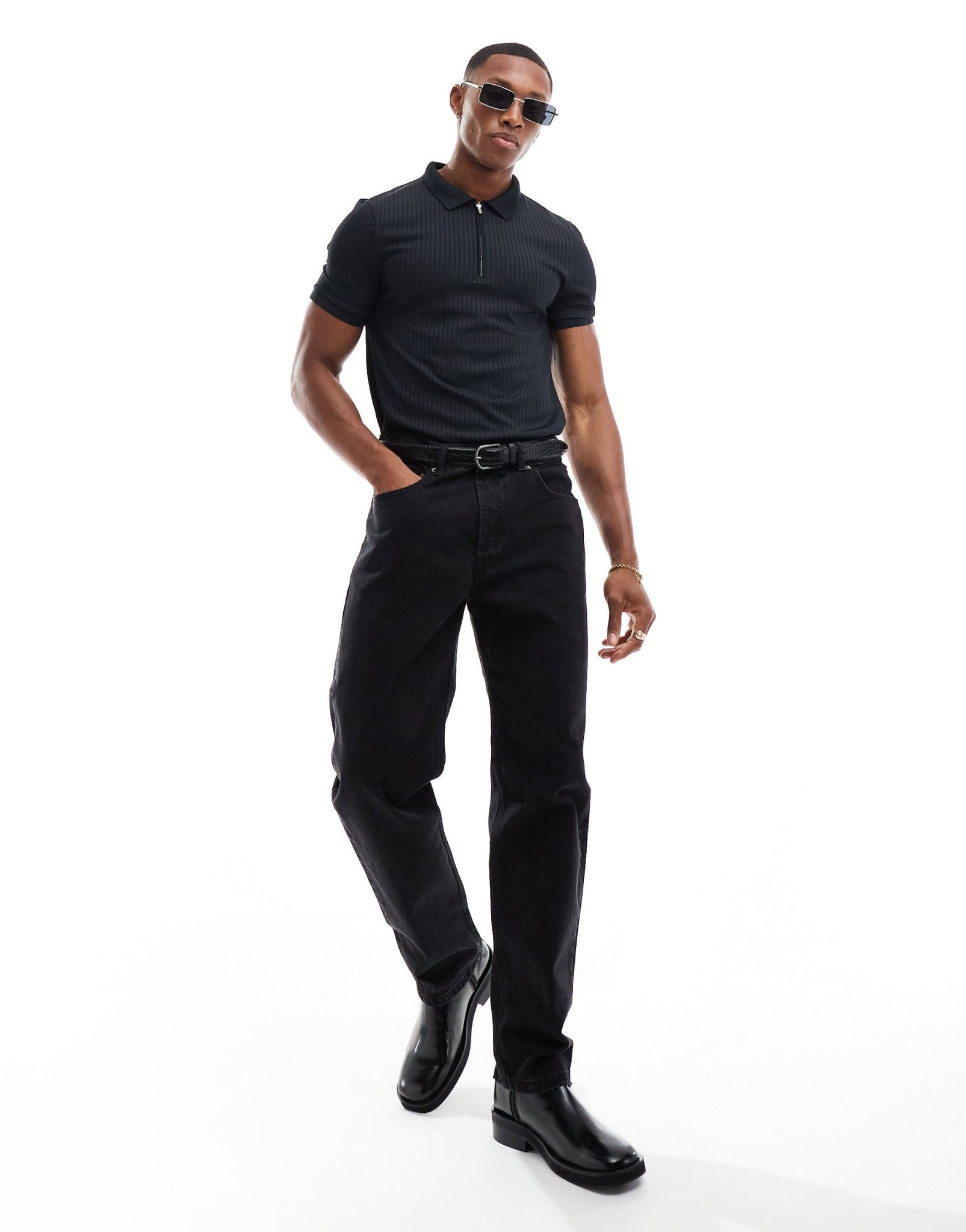 ASOS DESIGN muscle fit rib polo with zip in black - ASOS Sample Sale EU Store