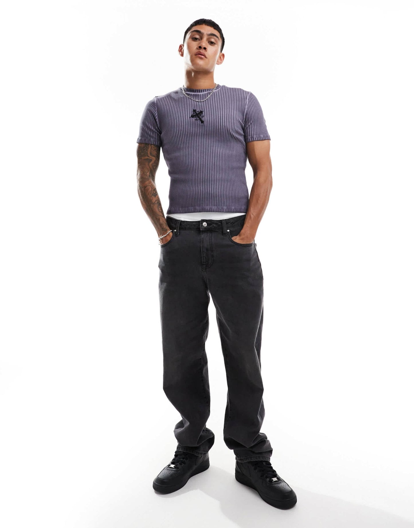 ASOS DESIGN muscle fit t-shirt in grey washed rib with cross chest embroidery - ASOS Sample Sale EU Store