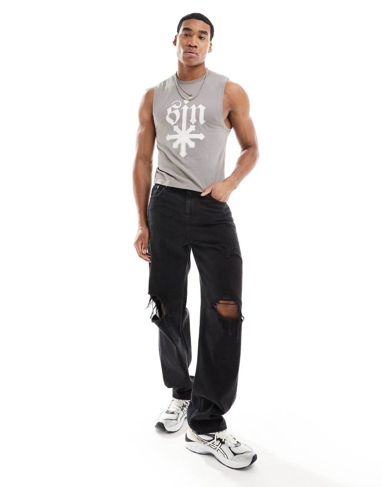 ASOS DESIGN muscle fit tank vest in grey with grunge front print - ASOS Sample Sale EU Store