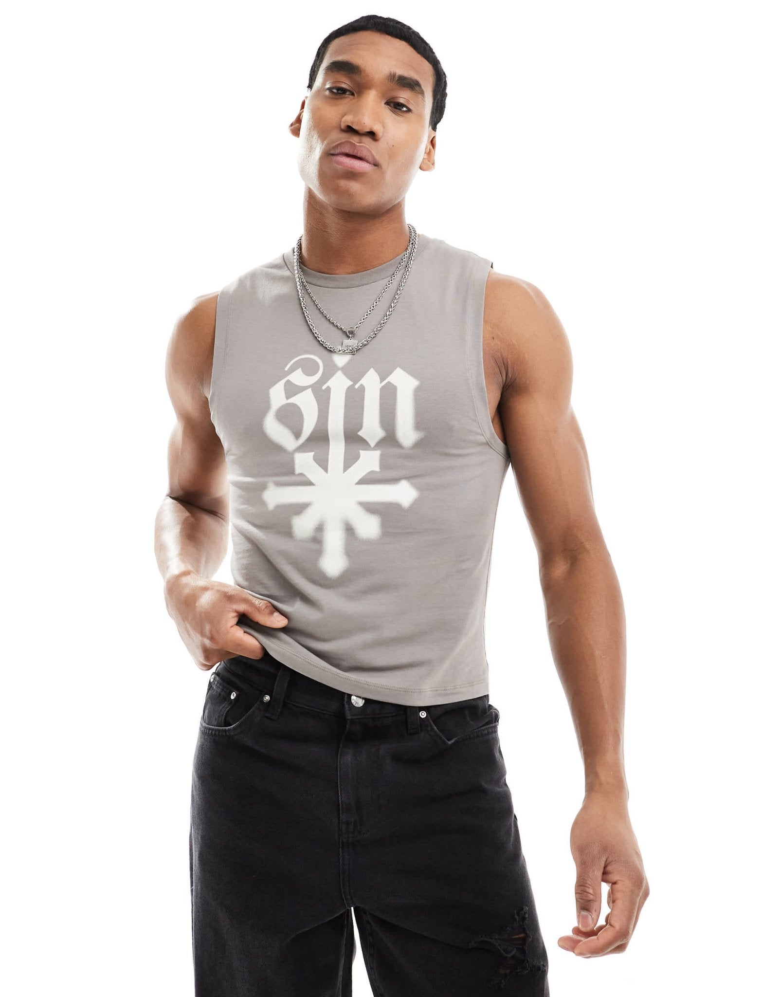 ASOS DESIGN muscle fit tank vest in grey with grunge front print - ASOS Sample Sale EU Store