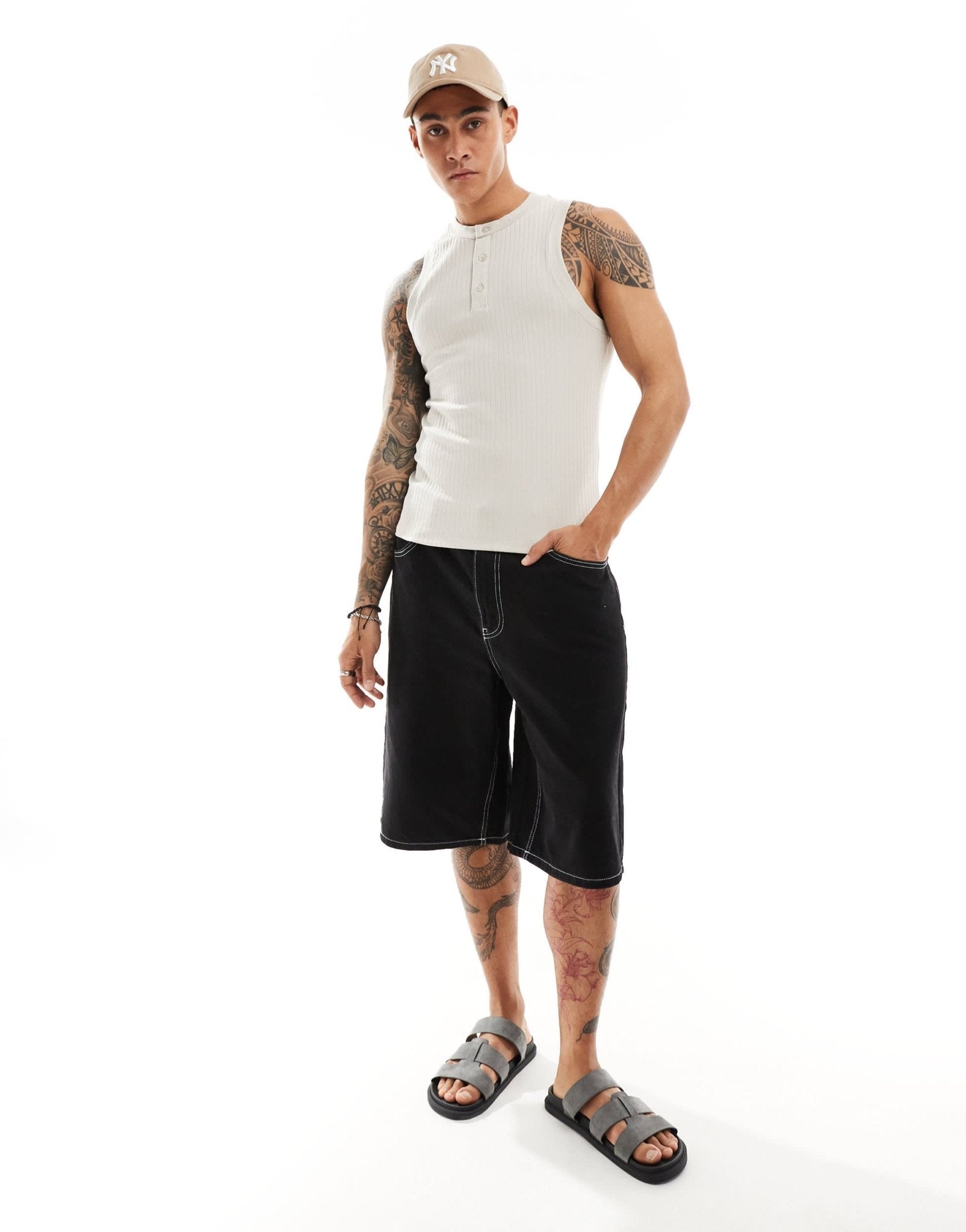 ASOS DESIGN muscle fit vest with henley neck in stone - ASOS Sample Sale EU Store