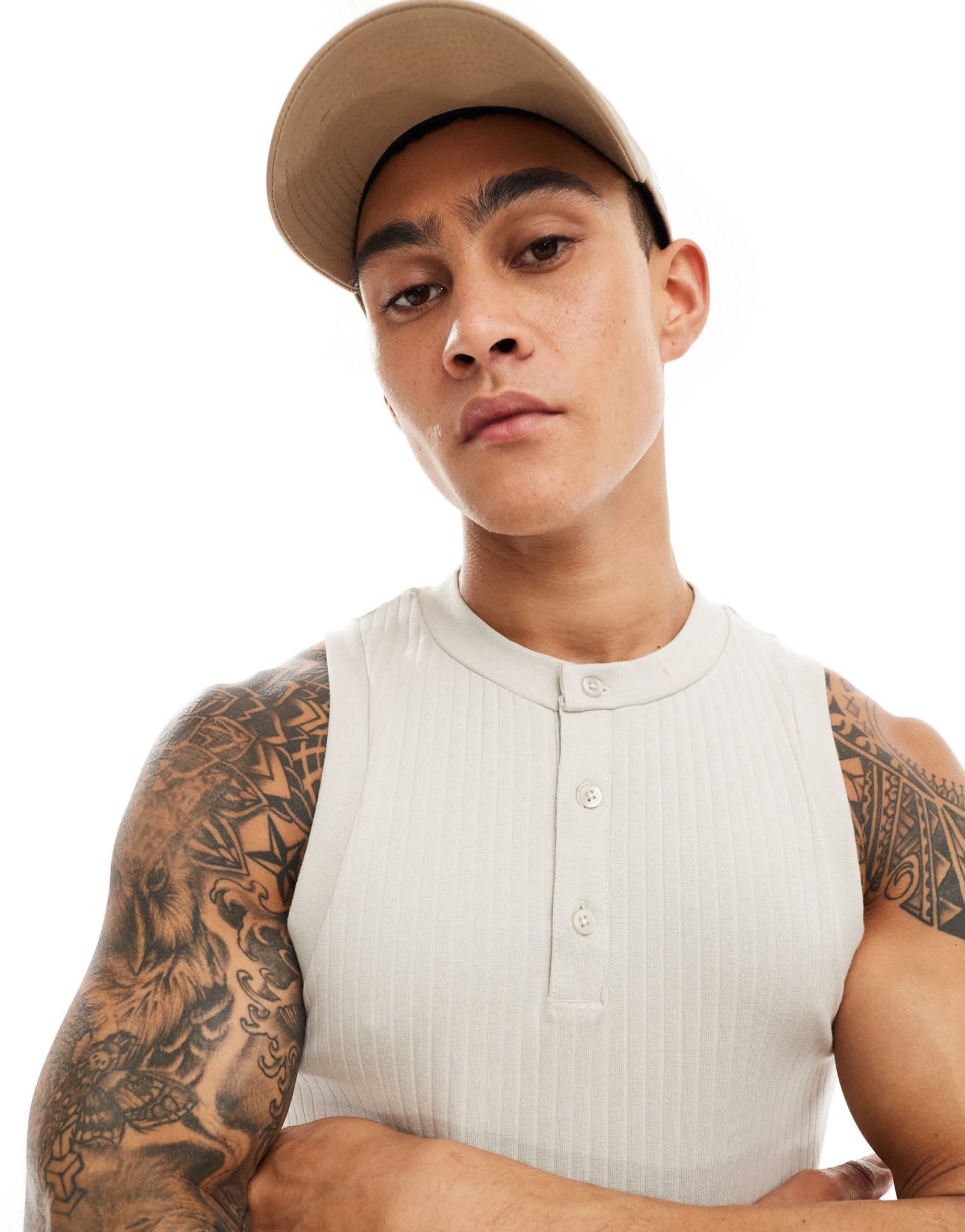 ASOS DESIGN muscle fit vest with henley neck in stone - ASOS Sample Sale EU Store