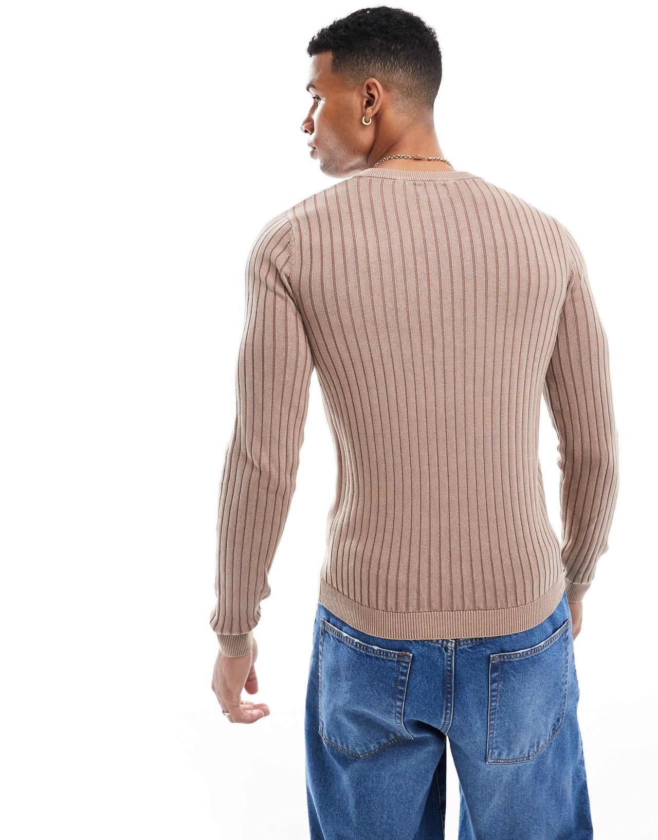 ASOS DESIGN muscle fit washed knitted jumper in brown rib - ASOS Sample Sale EU Store