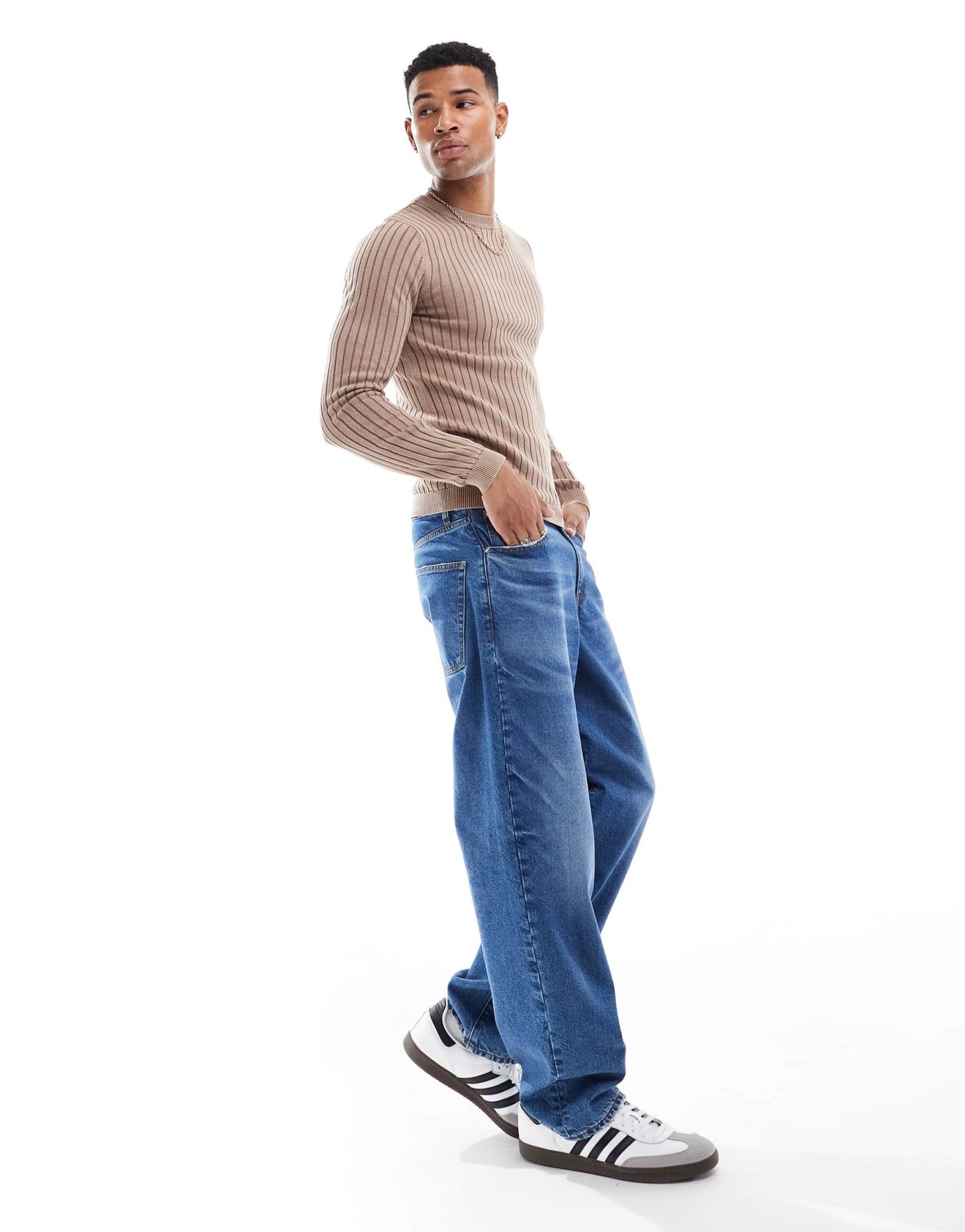 ASOS DESIGN muscle fit washed knitted jumper in brown rib - ASOS Sample Sale EU Store