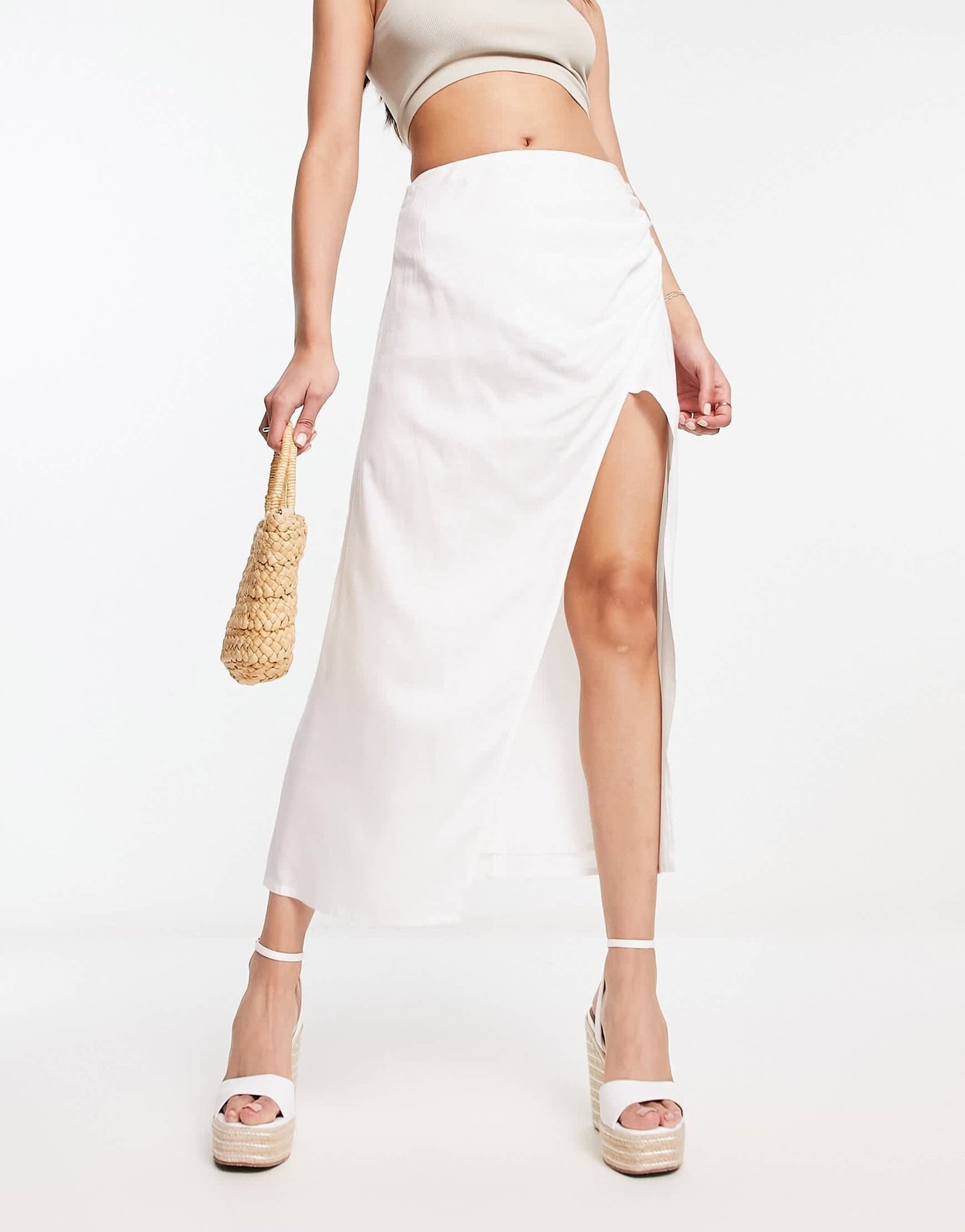 ASOS DESIGN natural slub ruched side midi skirt in white - ASOS Sample Sale EU Store