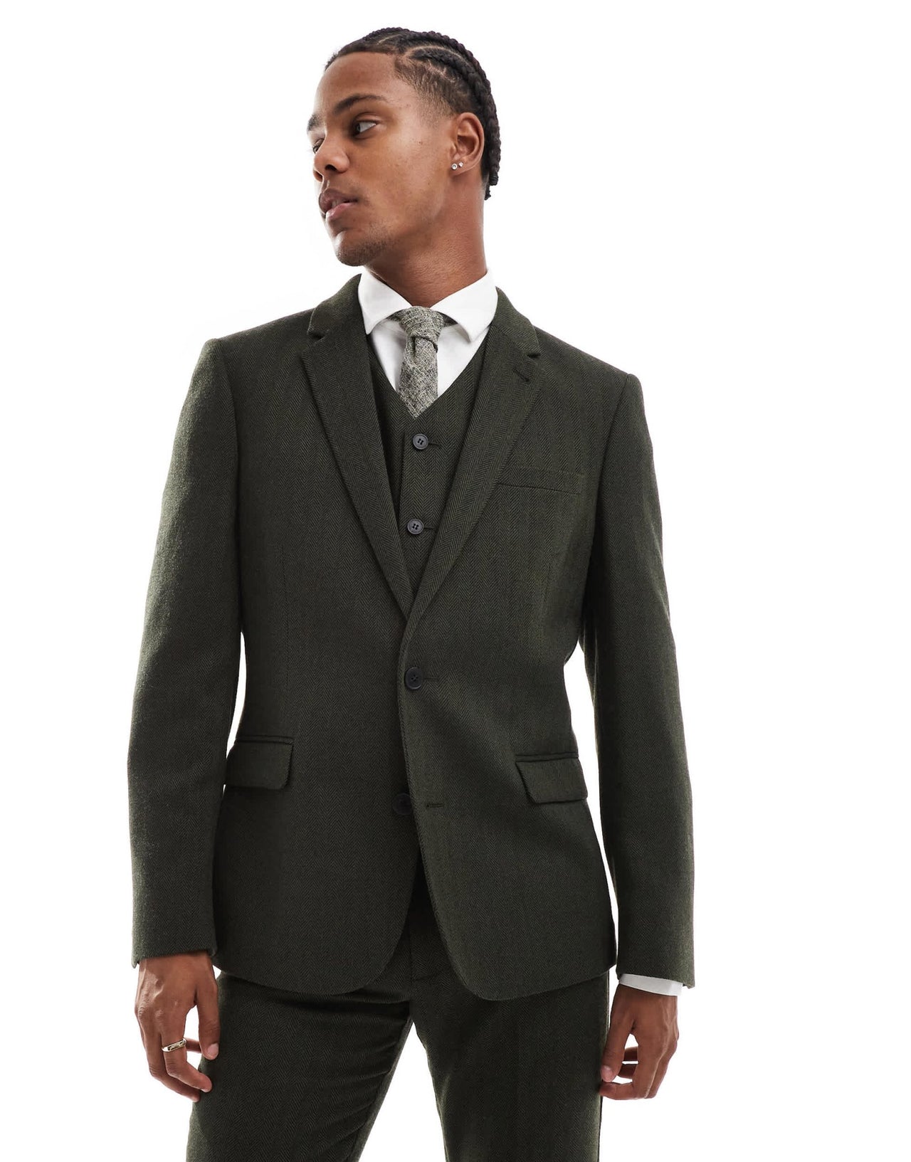ASOS DESIGN new skinny suit jacket in wool blend olive green herringbone - ASOS Sample Sale EU Store