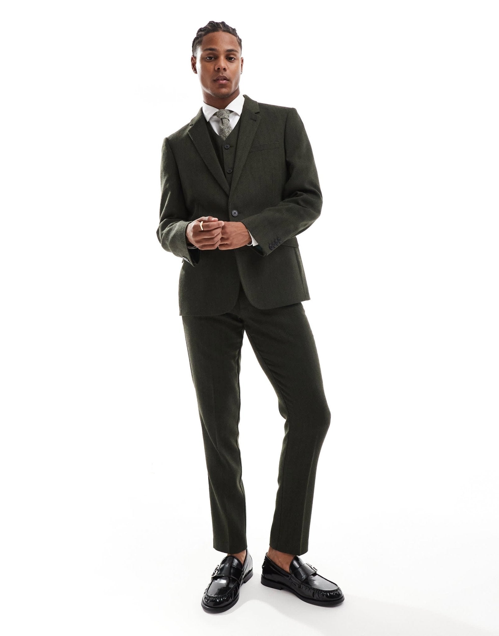 ASOS DESIGN new skinny suit jacket in wool blend olive green herringbone - ASOS Sample Sale EU Store