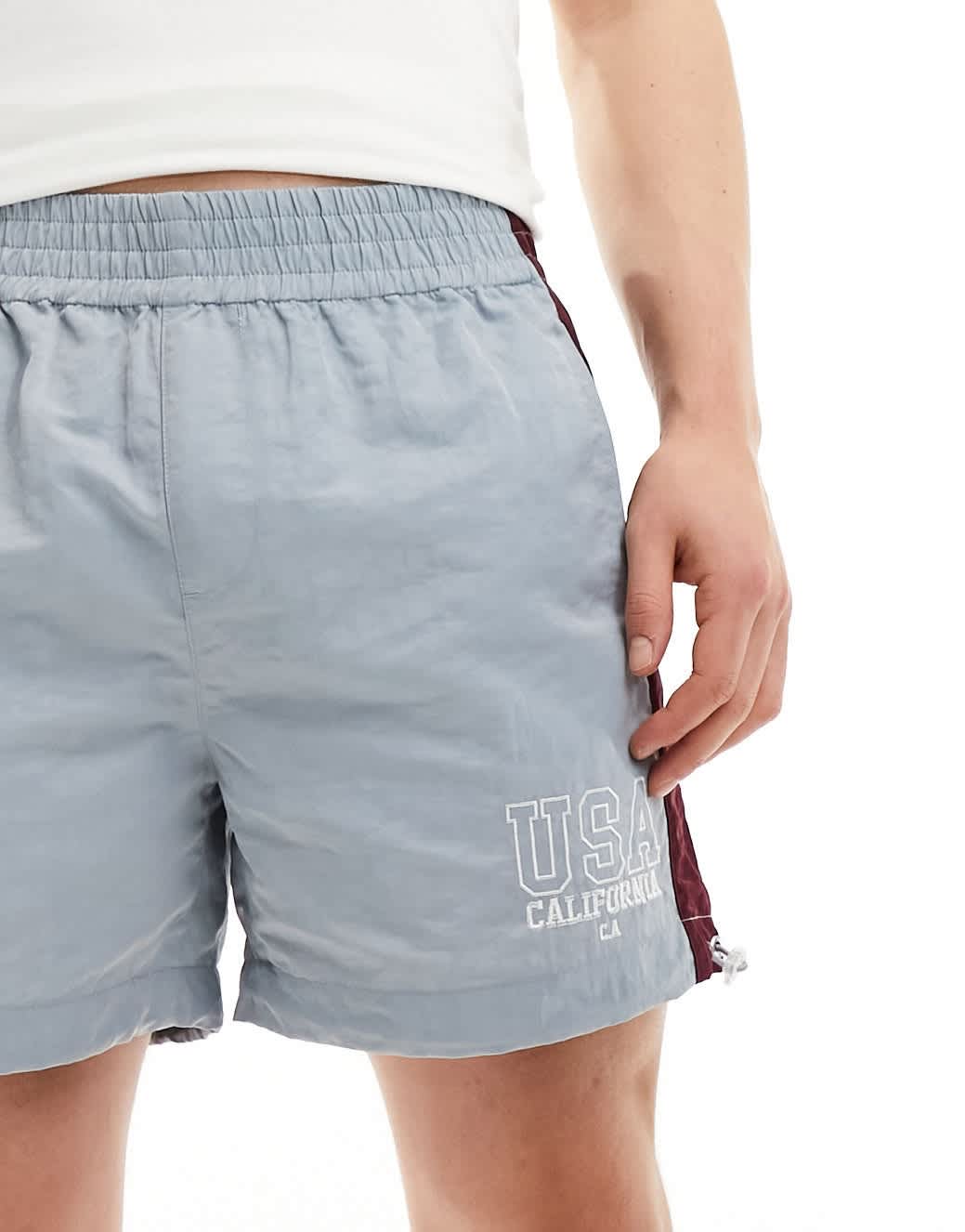 ASOS DESIGN nylon short with side stripe panel and embroidery in blue - ASOS Sample Sale EU Store