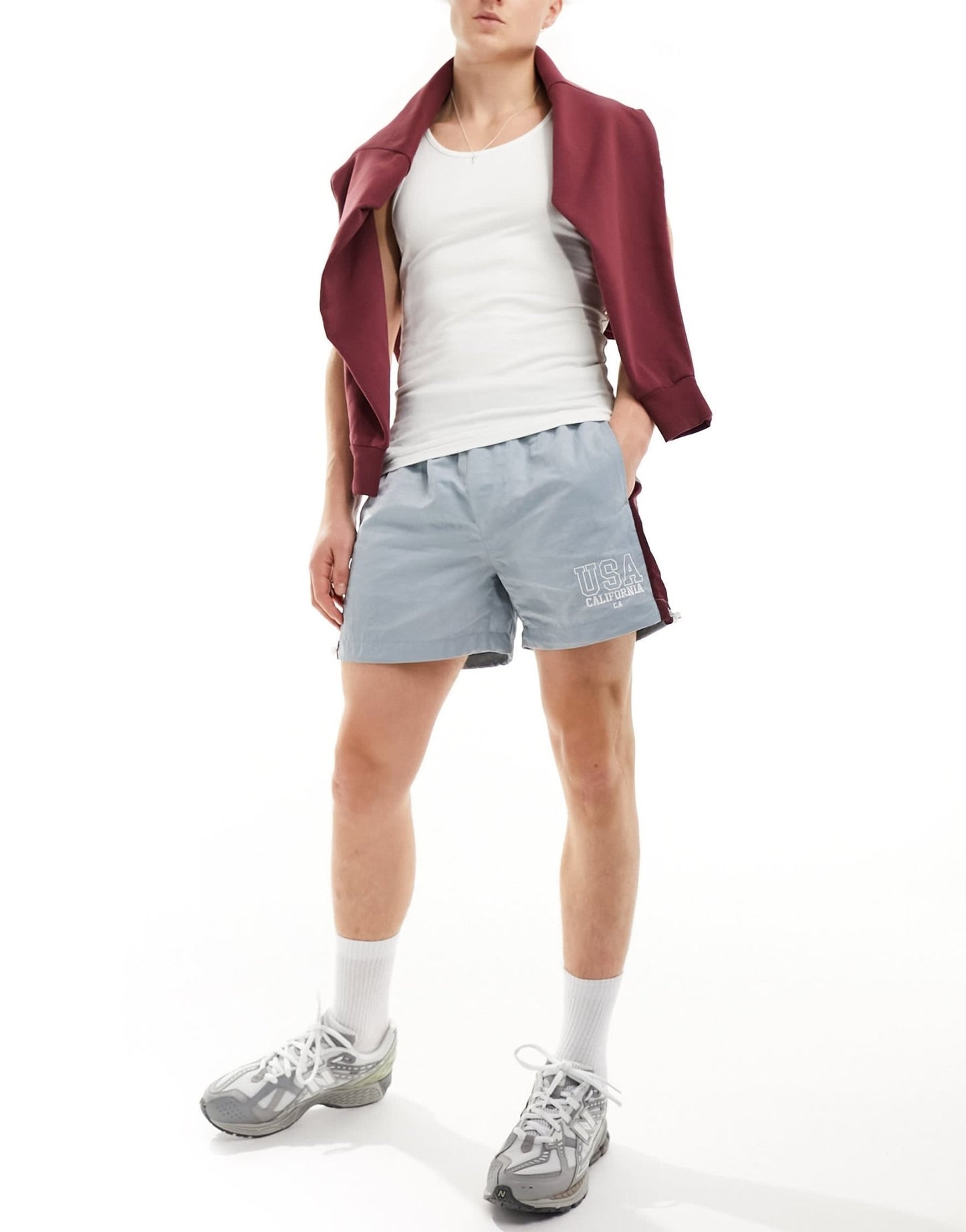 ASOS DESIGN nylon short with side stripe panel and embroidery in blue - ASOS Sample Sale EU Store