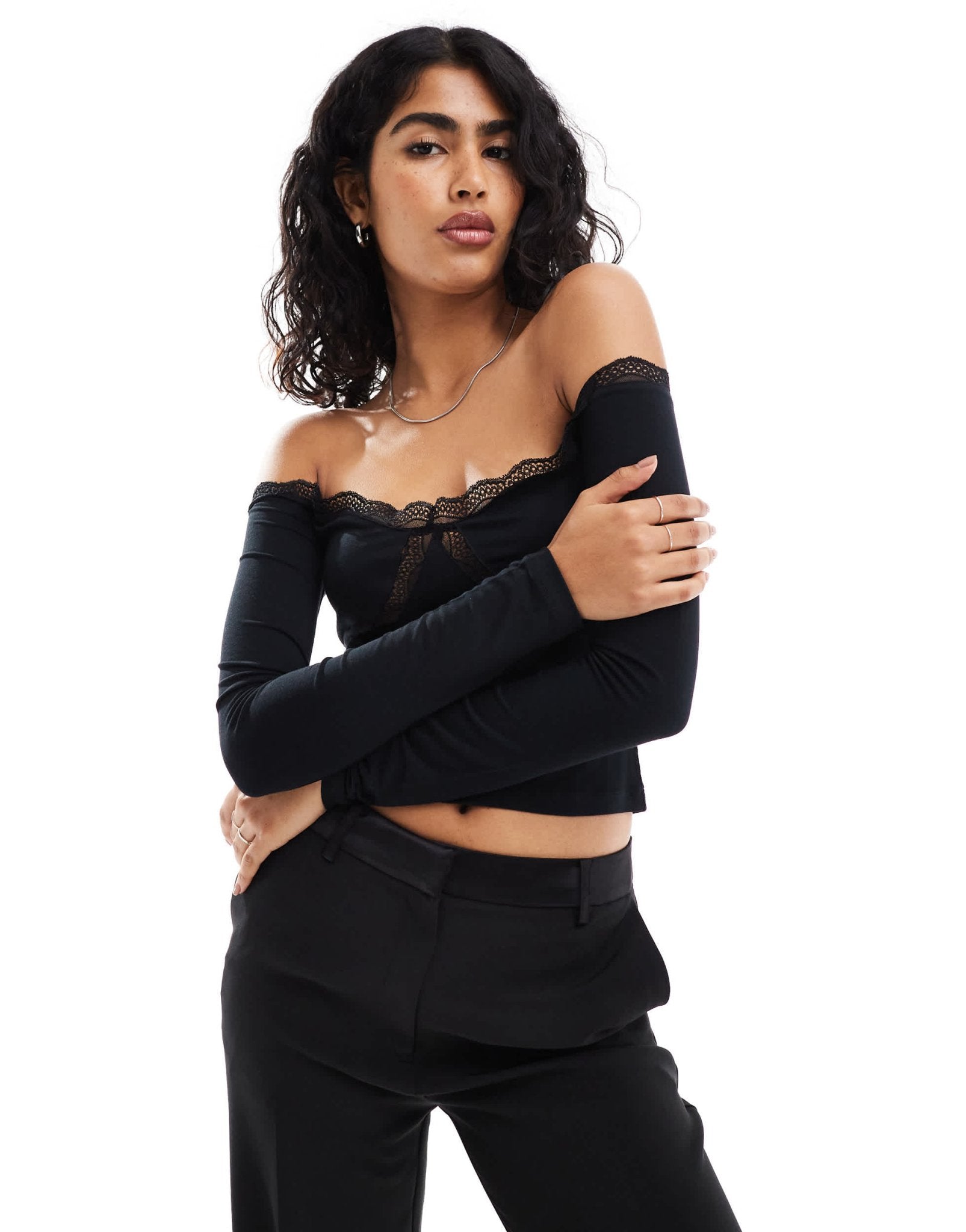 ASOS DESIGN off shoulder lace trim top in black - ASOS Sample Sale EU Store