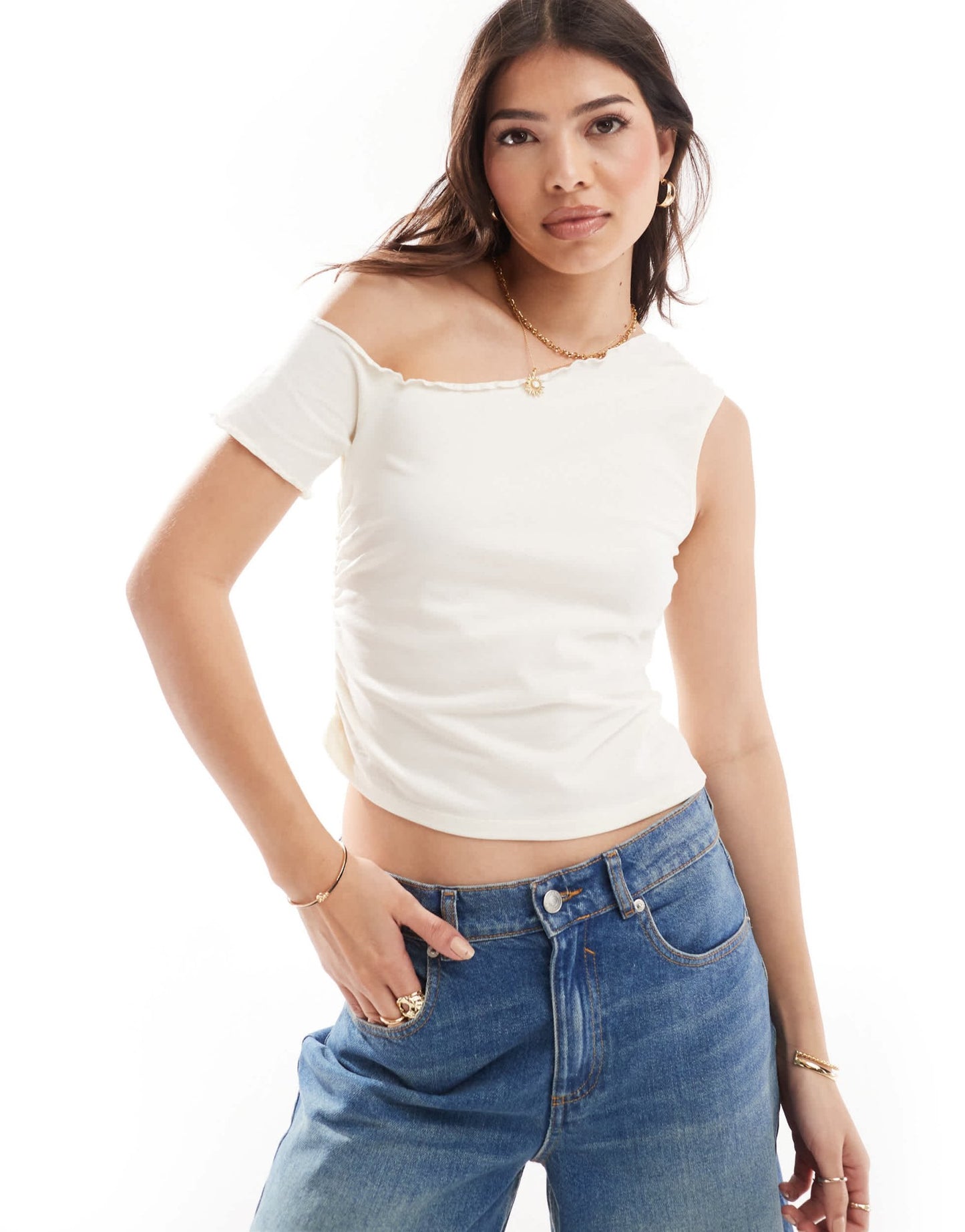 ASOS DESIGN off shoulder lettuce edge top in cream - ASOS Sample Sale EU Store