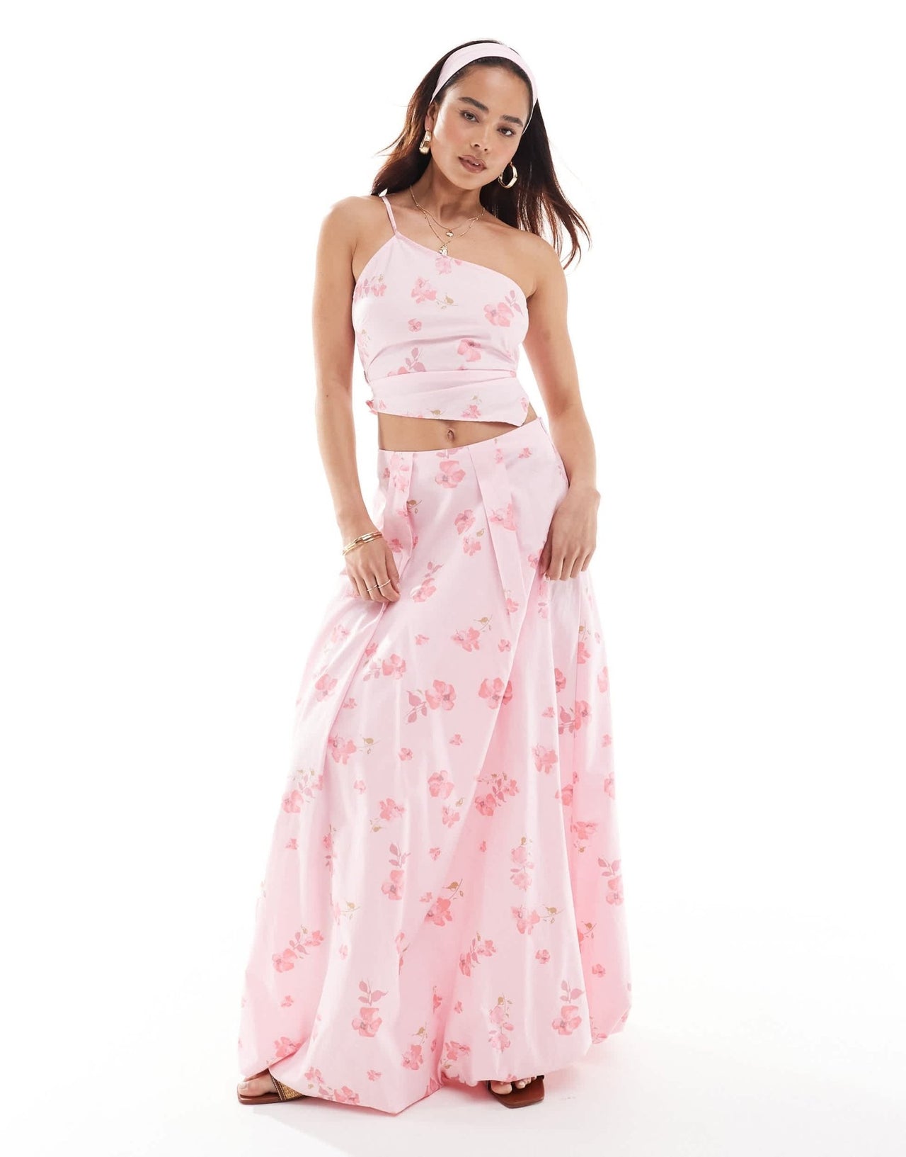 ASOS DESIGN one shoulder asymmetric co - ord top in pink floral print - ASOS Sample Sale EU Store