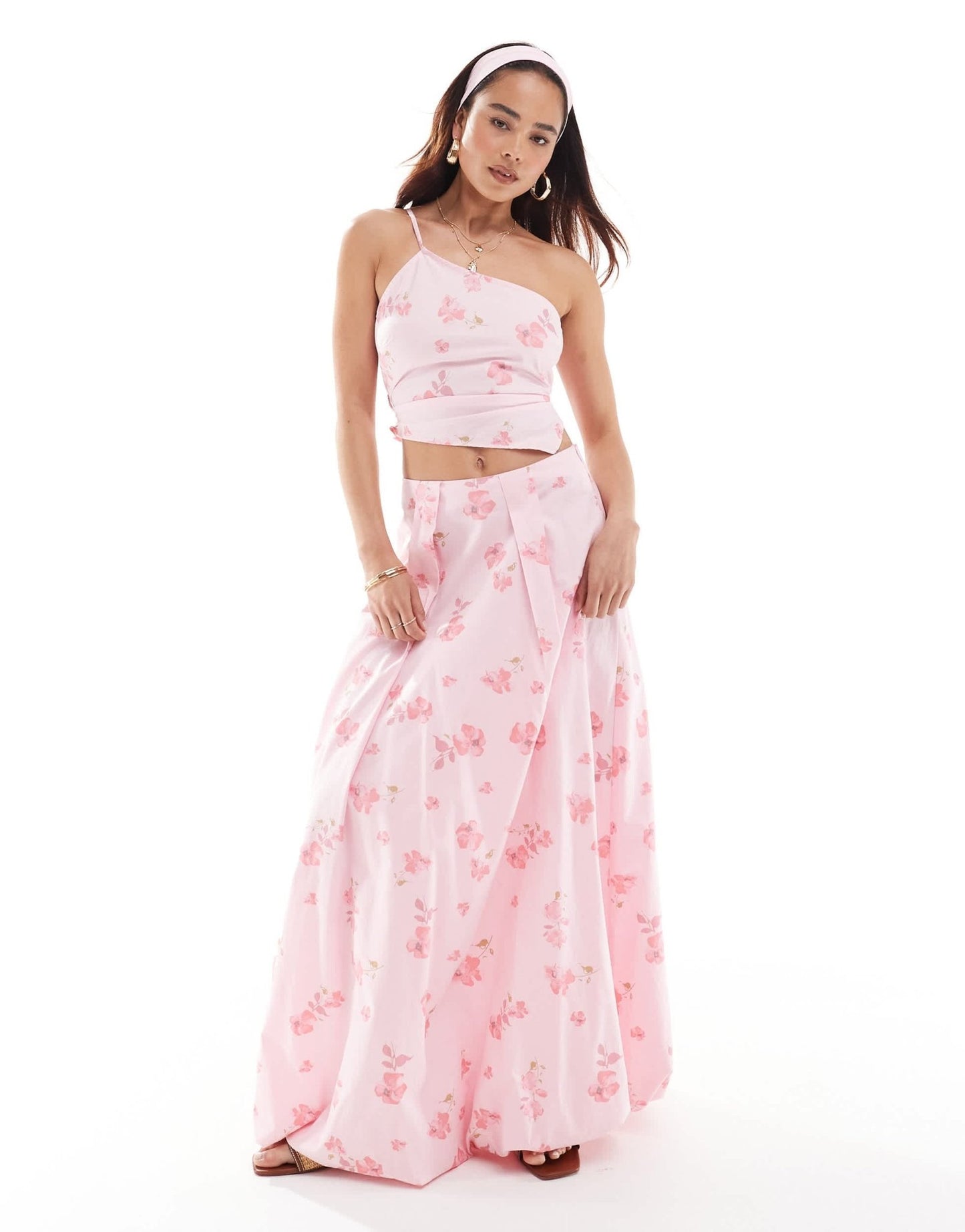 ASOS DESIGN one shoulder asymmetric co - ord top in pink floral print - ASOS Sample Sale EU Store