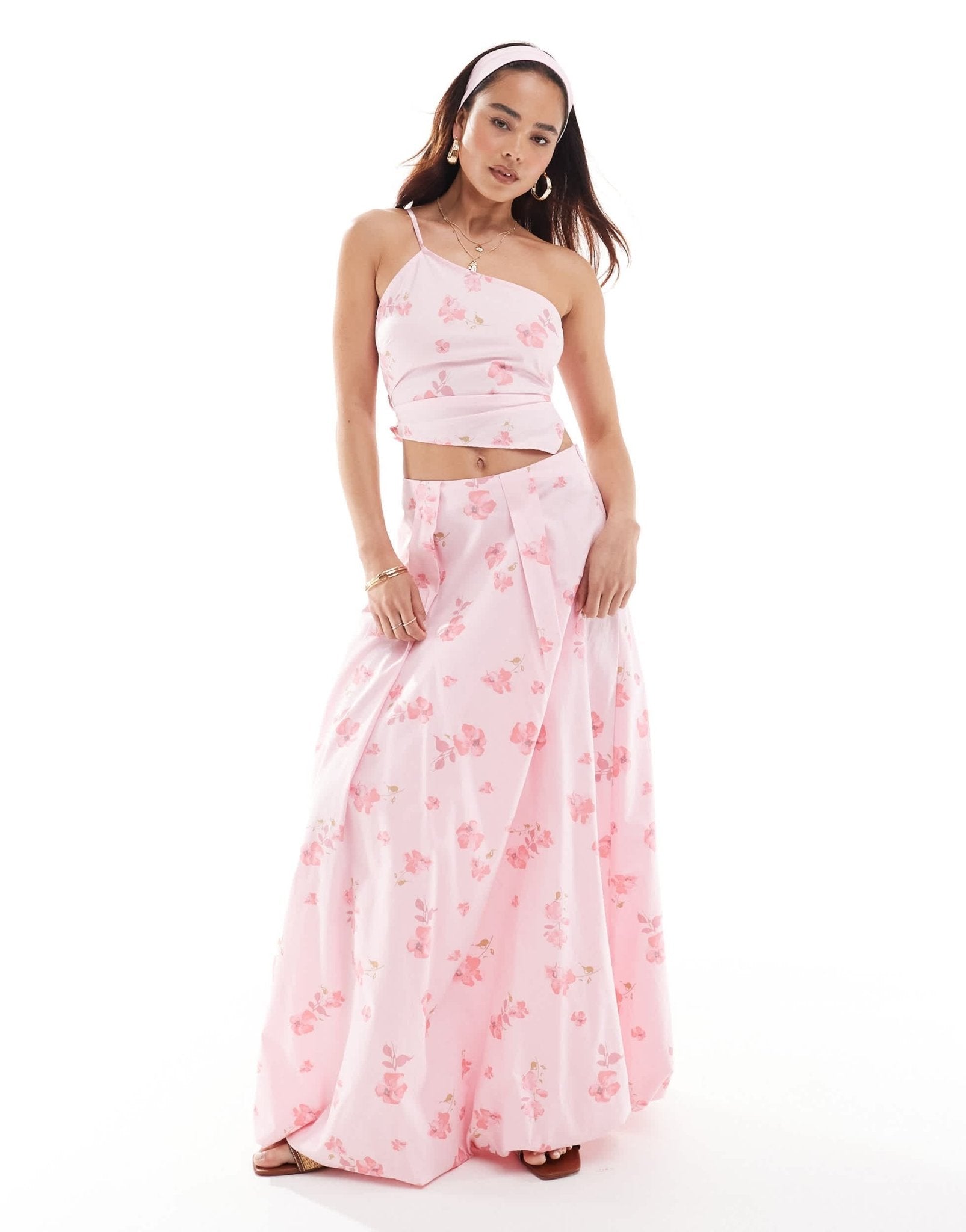 ASOS DESIGN one shoulder asymmetric co - ord top in pink floral print - ASOS Sample Sale EU Store