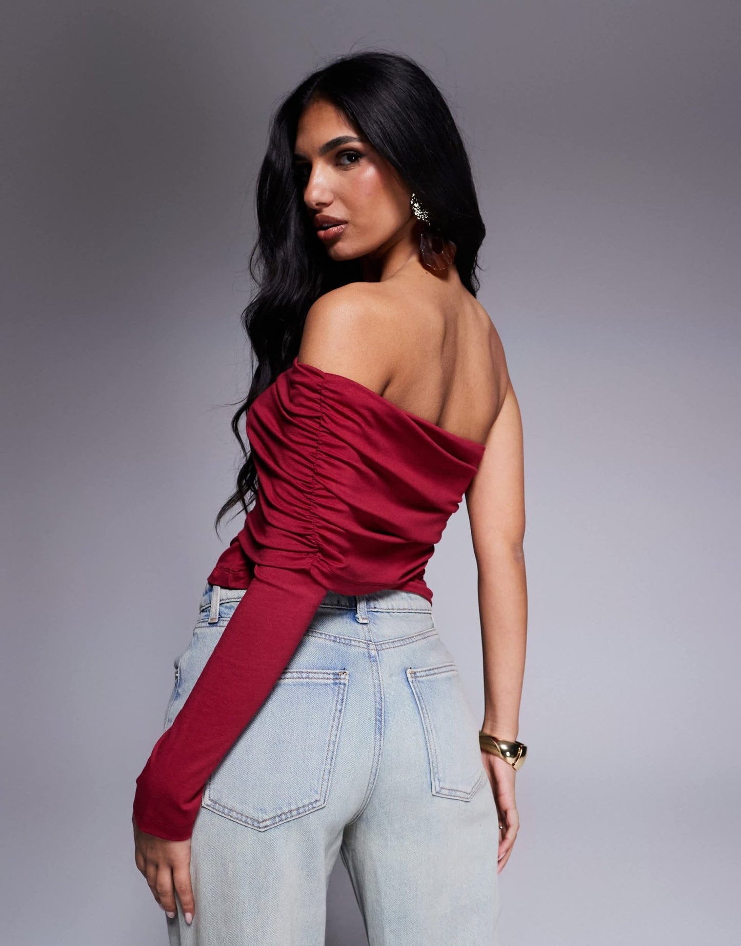 ASOS DESIGN one shoulder bardot top in berry - ASOS Sample Sale EU Store