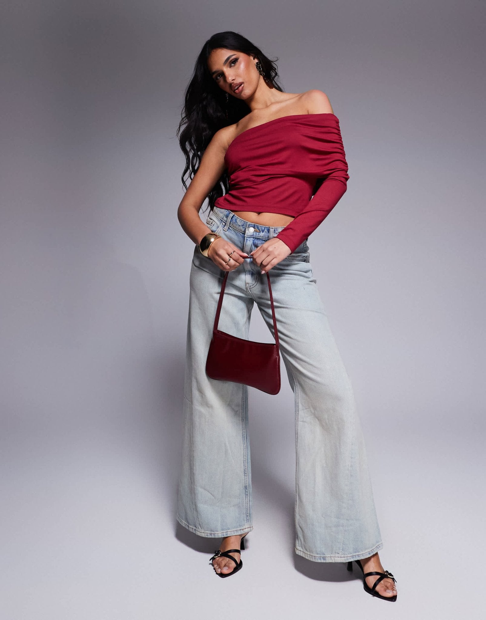 ASOS DESIGN one shoulder bardot top in berry - ASOS Sample Sale EU Store