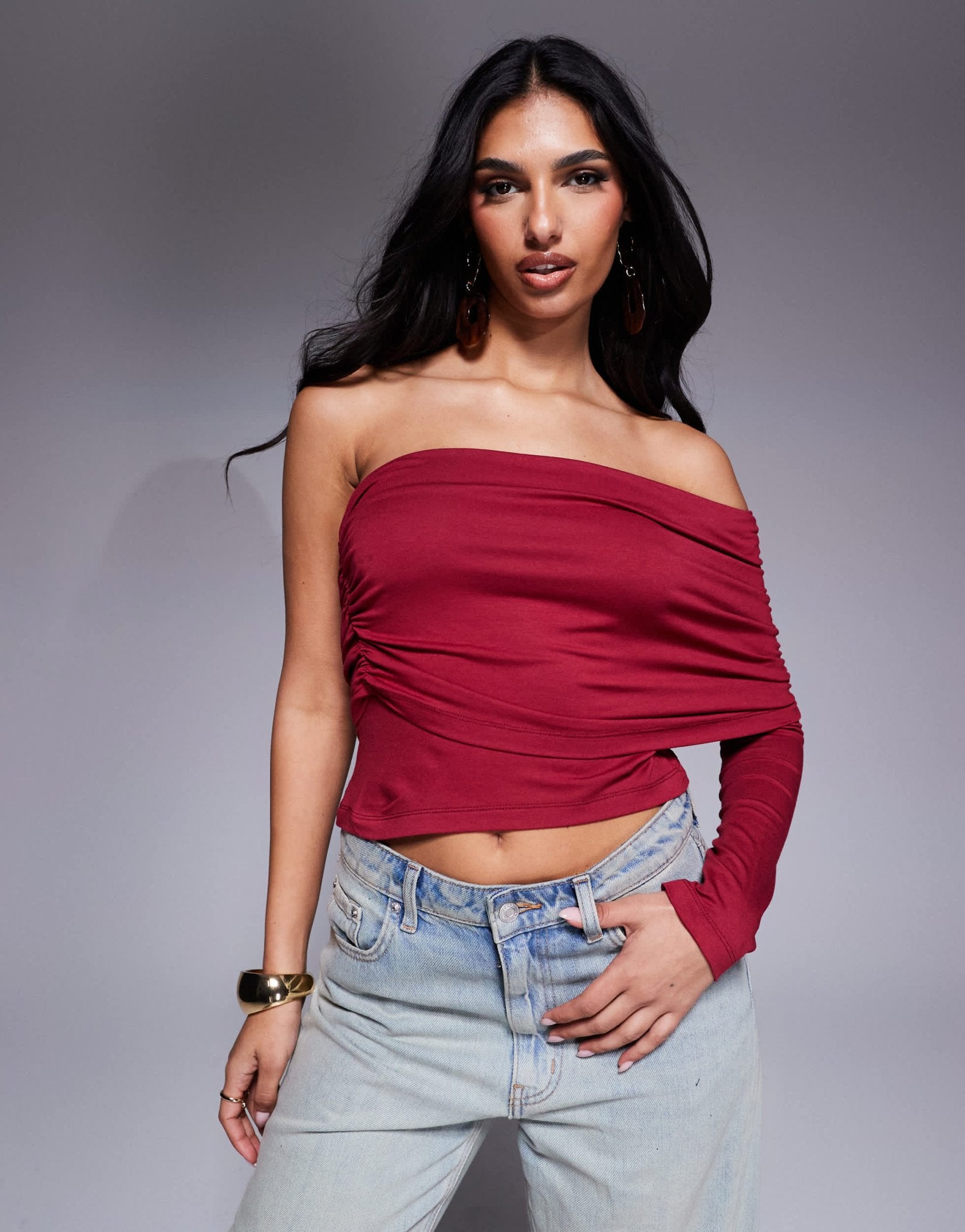ASOS DESIGN one shoulder bardot top in berry - ASOS Sample Sale EU Store