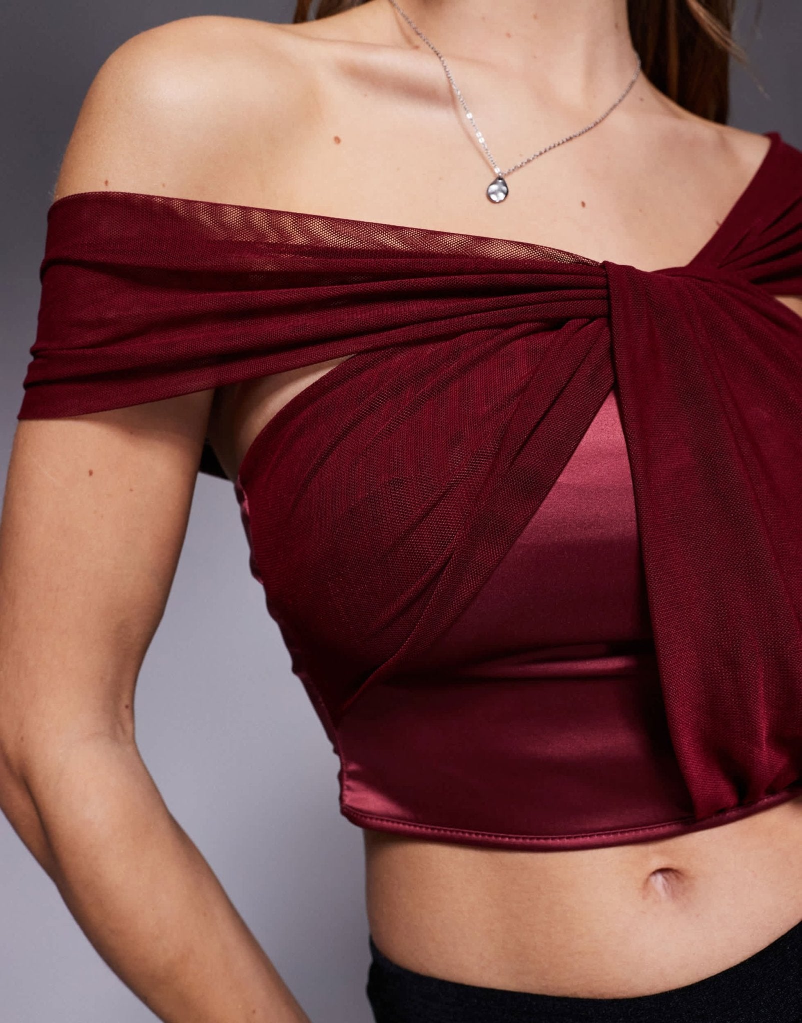 ASOS DESIGN one shoulder drape mesh and satin mix top in plum - ASOS Sample Sale EU Store