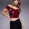 ASOS DESIGN one shoulder drape mesh and satin mix top in plum