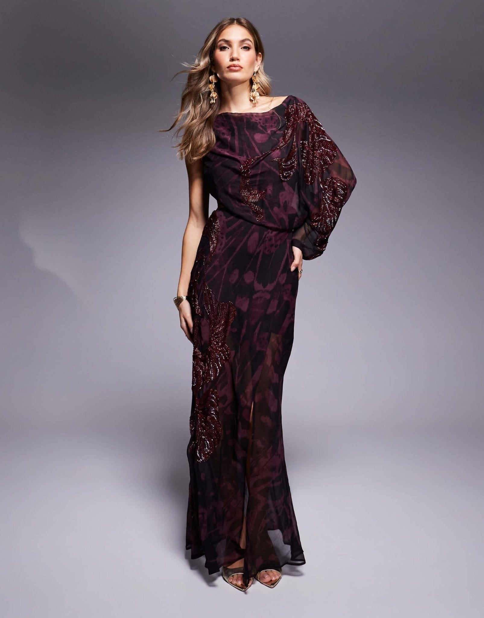 ASOS DESIGN one shoulder embellished maxi dress in burgundy abstract print - ASOS Sample Sale EU Store
