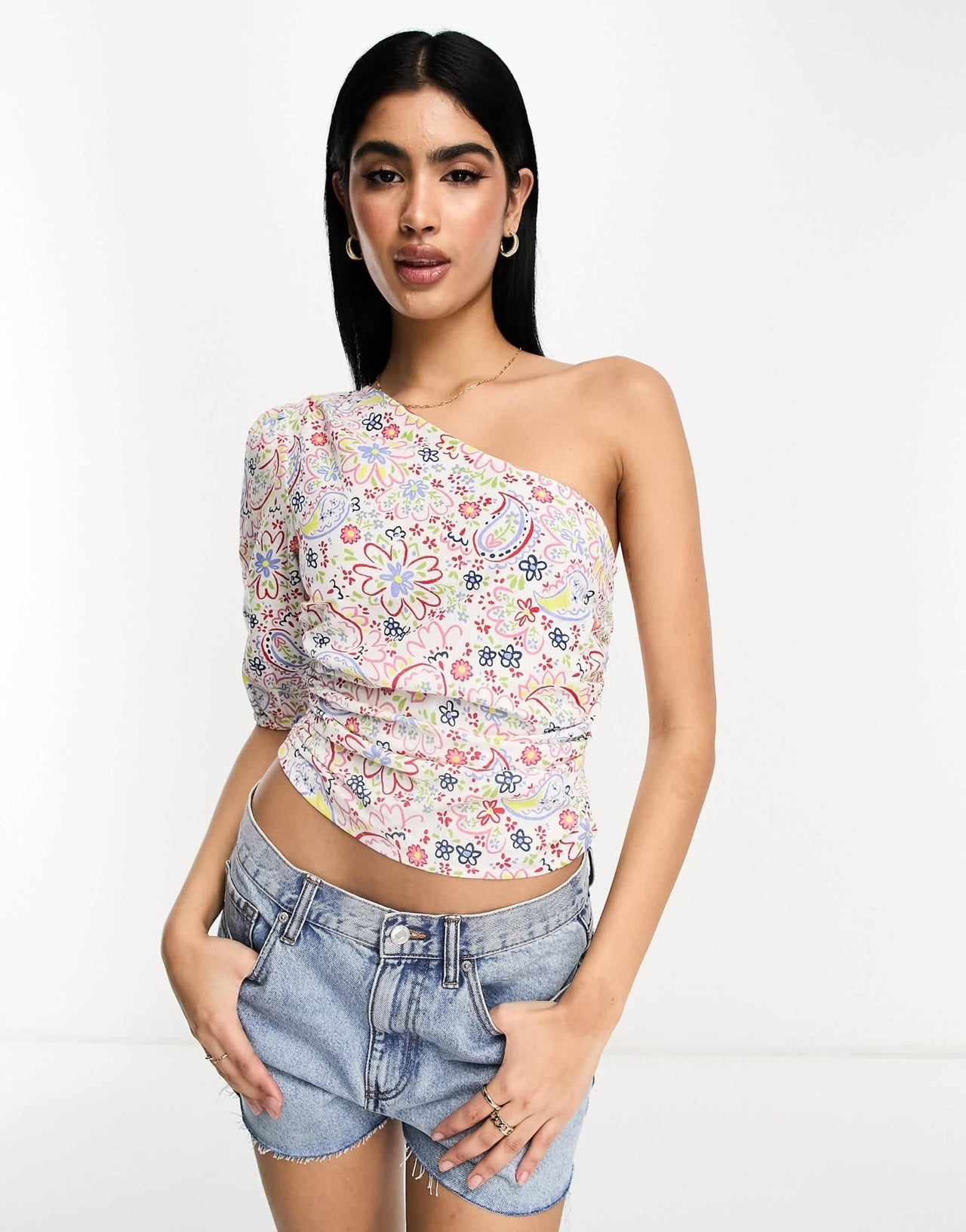 ASOS DESIGN one shoulder festival top with ruched side in paisley print - ASOS Sample Sale EU Store
