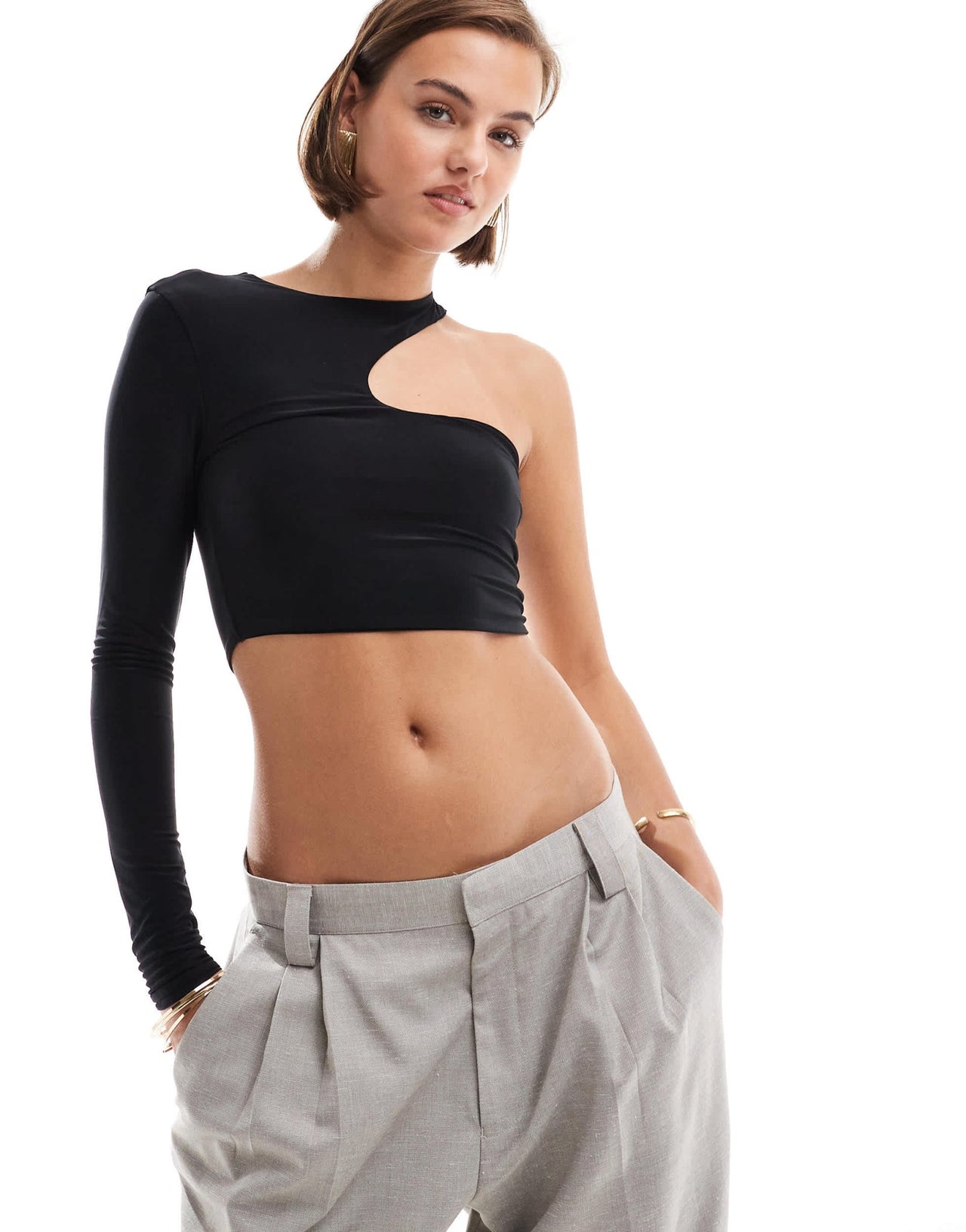 ASOS DESIGN one sleeve asymmetric cut out long sleeve top in black - ASOS Sample Sale EU Store