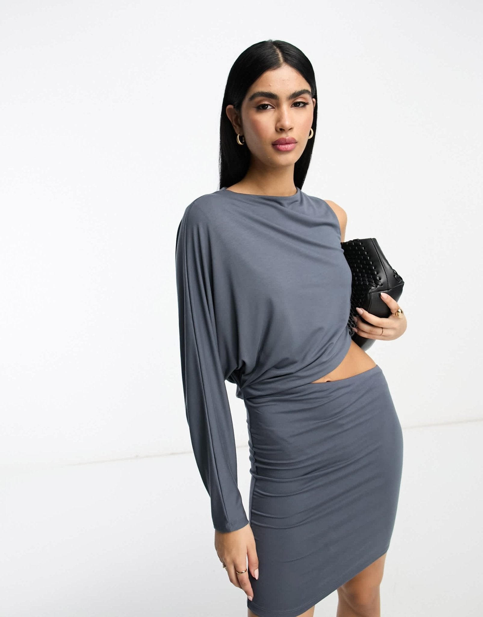 ASOS DESIGN one sleeve mini tee dress with cut out waist in slate grey - ASOS Sample Sale EU Store