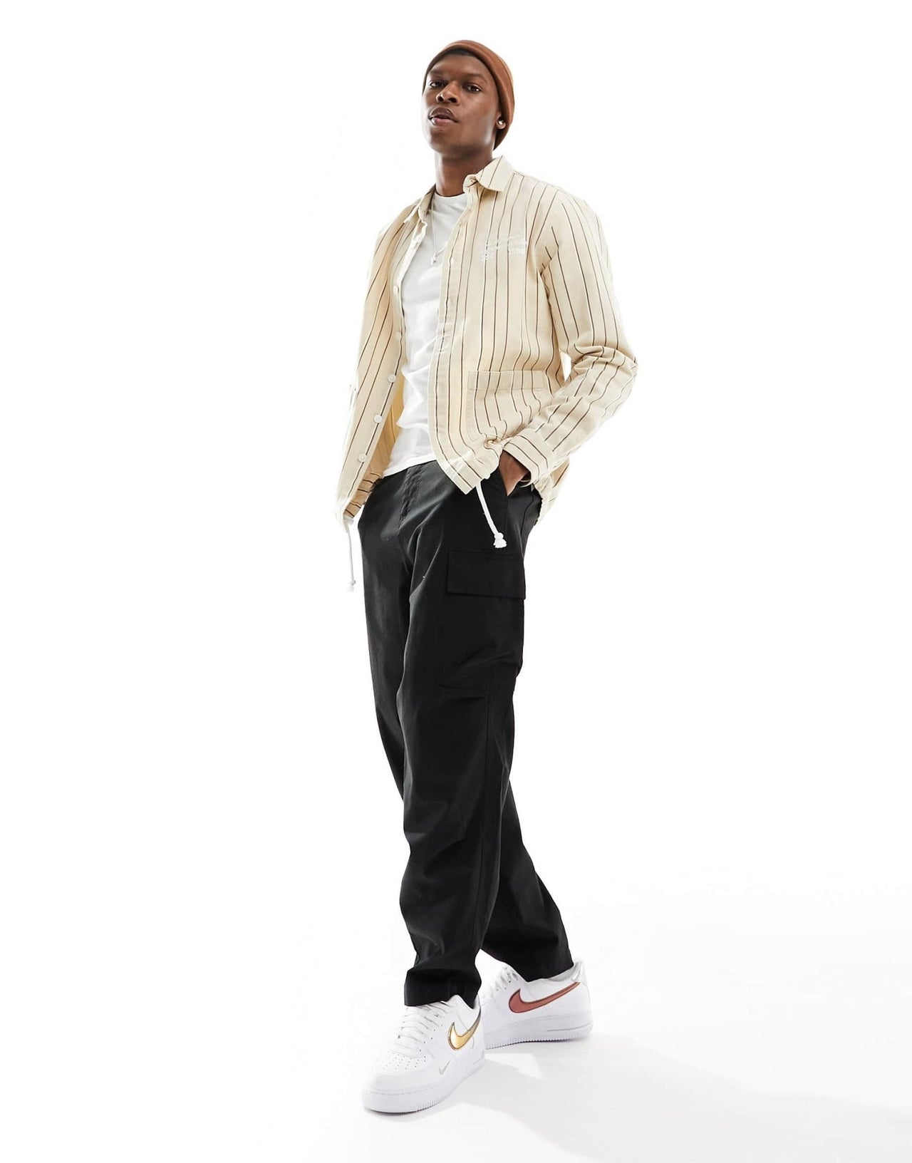 ASOS DESIGN overshirt in canvas stripe print with embroidery in beige - ASOS Sample Sale EU Store