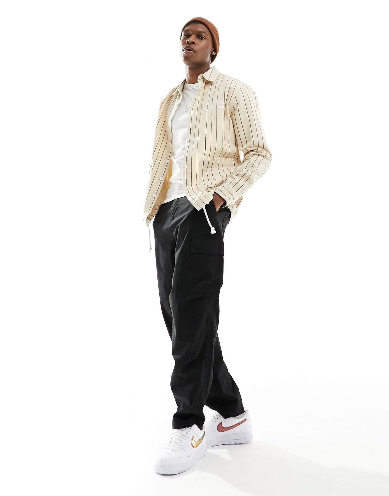 ASOS DESIGN overshirt in canvas stripe print with embroidery in beige - ASOS Sample Sale EU Store